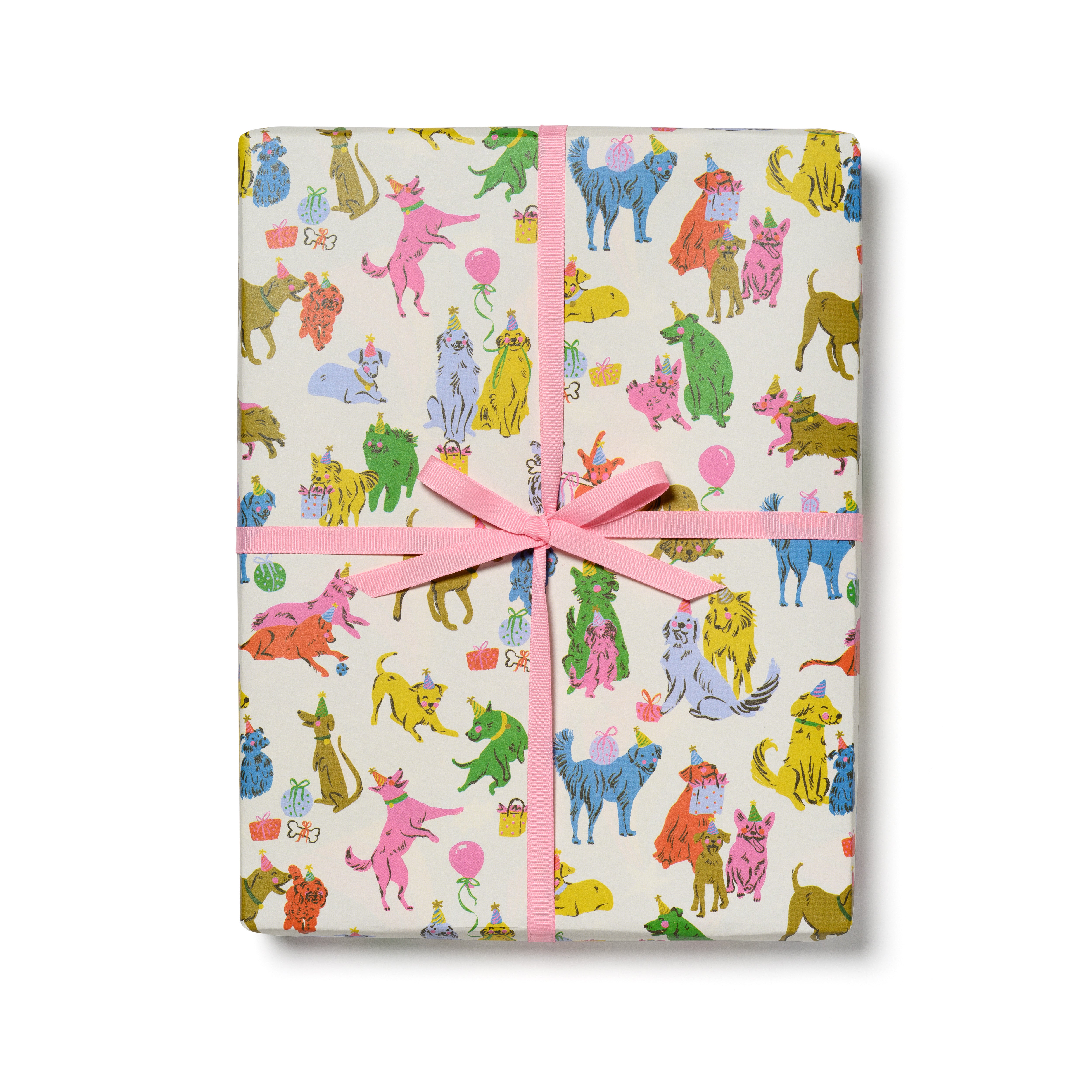 Gift wrap with colorful dog illustrations and a pink ribbon on a white background