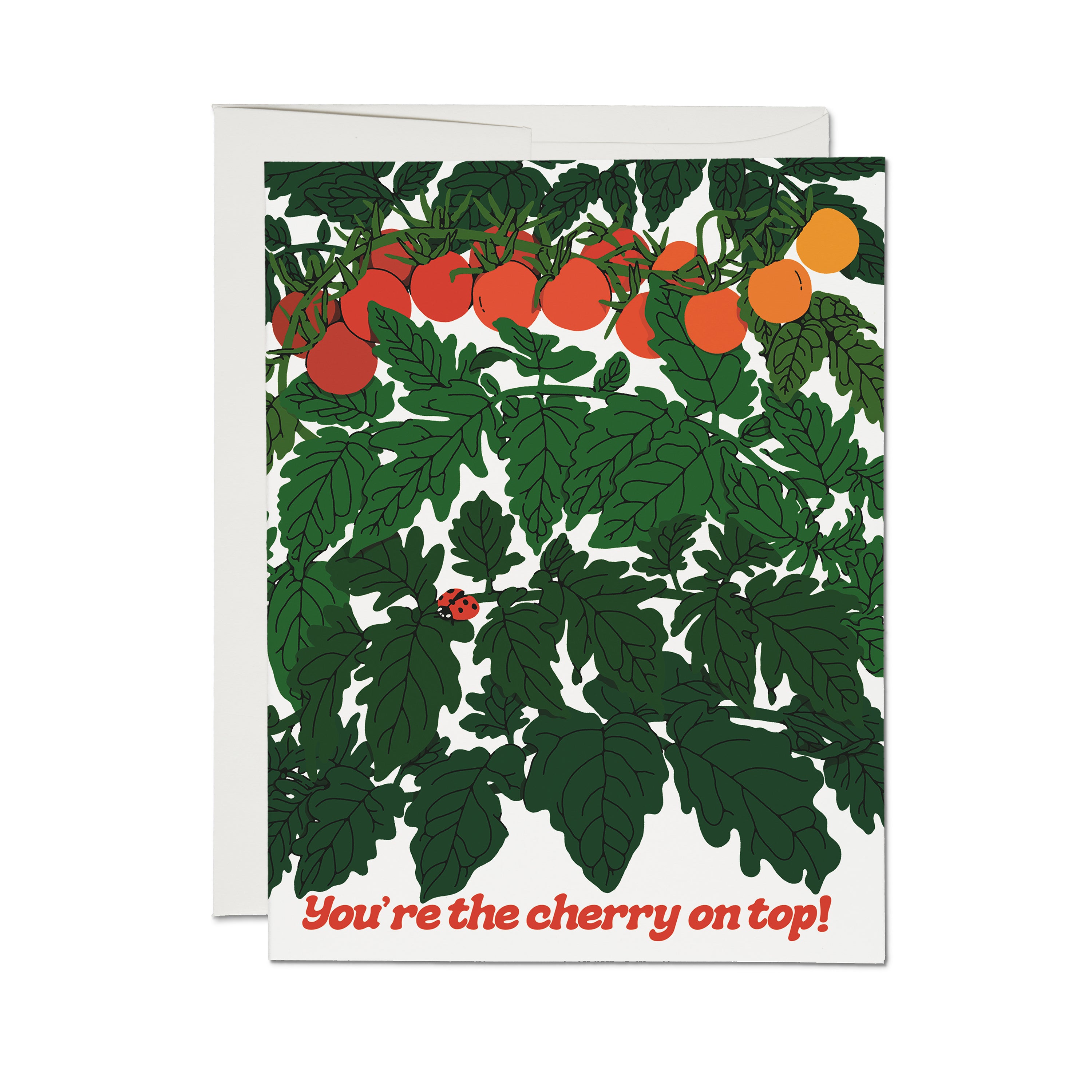 Friendship themed card with cherry tomato vine and ladybug design with 'You're the Cherry on Top' text on white background