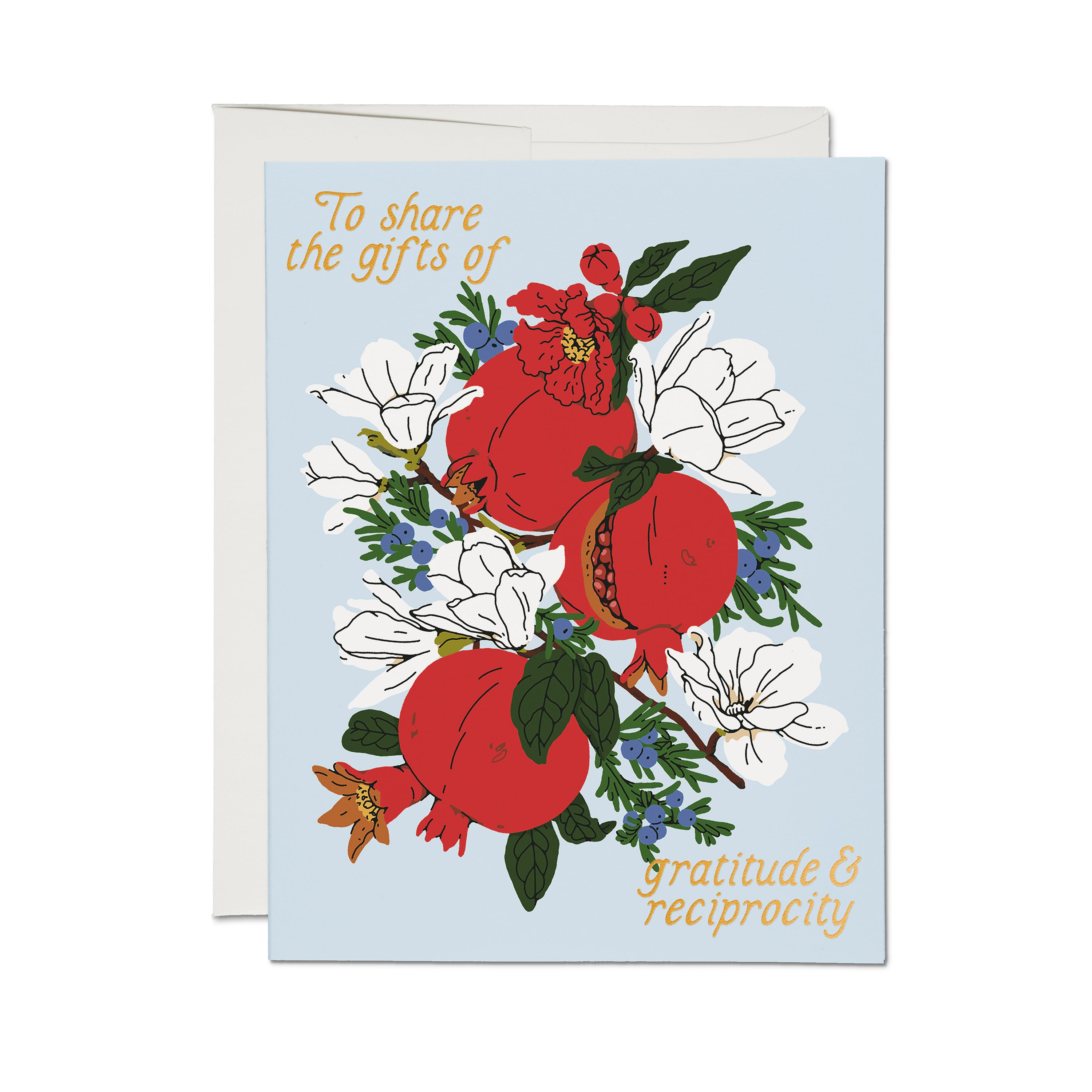 Thank You card with pomegranate and floral design with gold foil on a light blue background