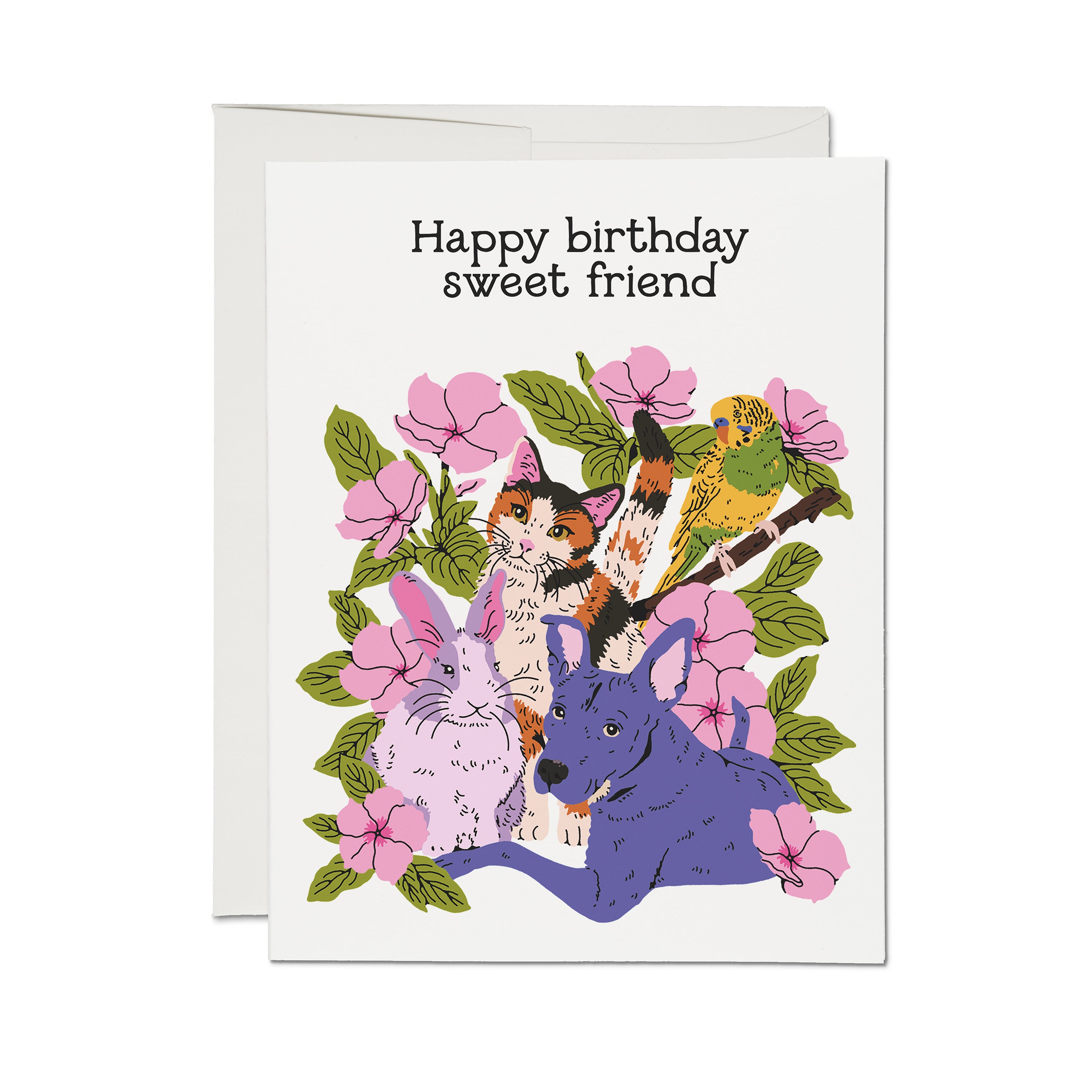Birthday card with colorful animals and flowers and 'Happy birthday sweet friend' text on a white background