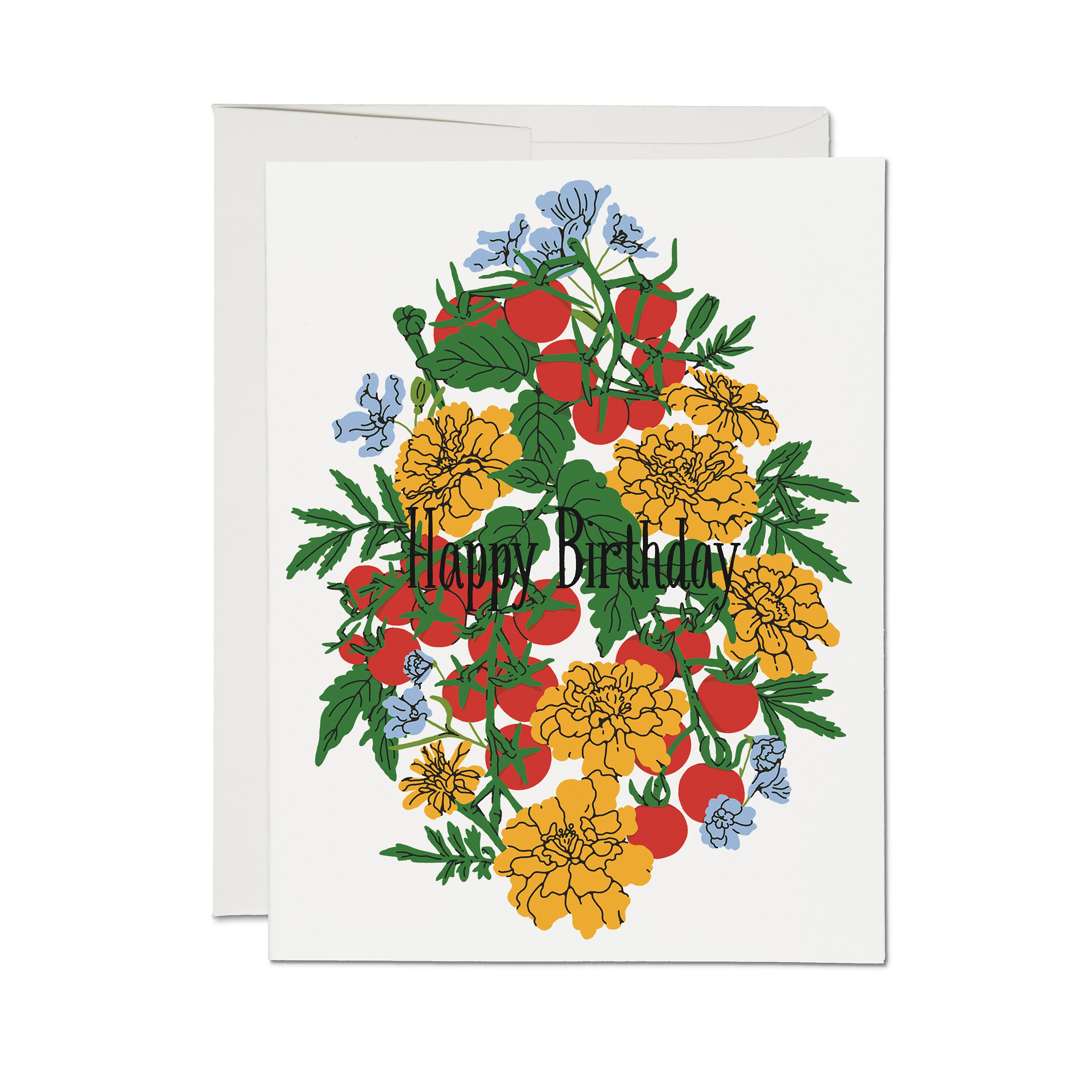 Greeting card with tomato blossom floral design and 'Happy Birthday' text on a white background