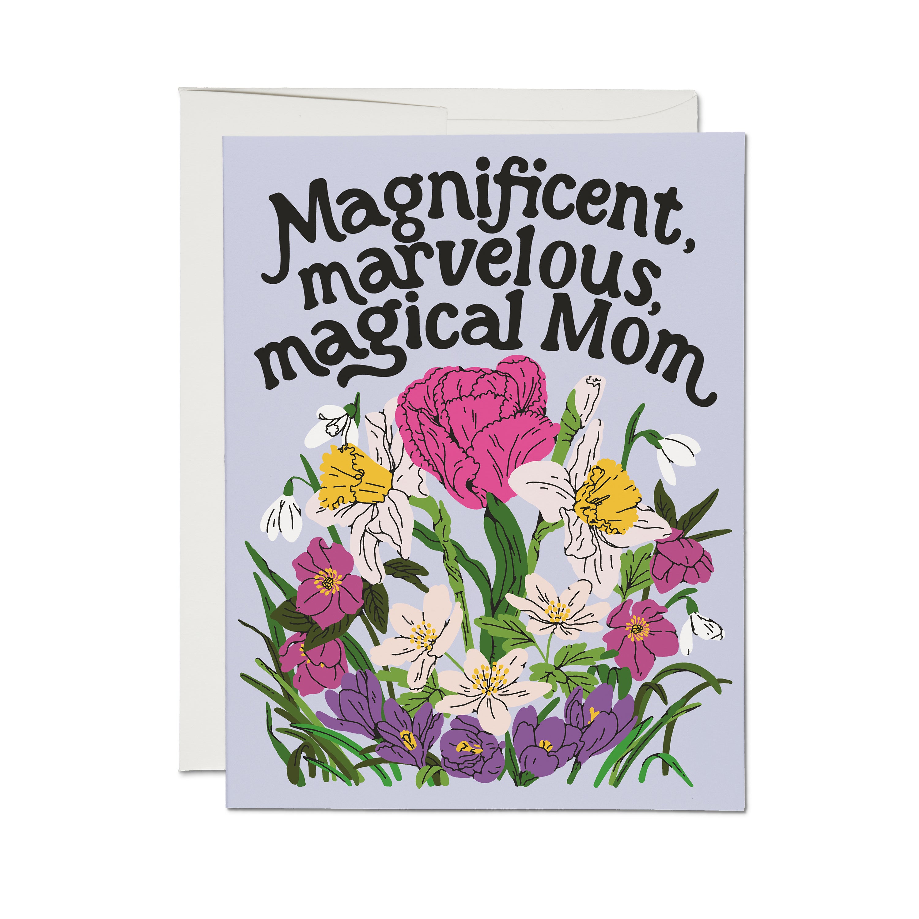 Mother's Day card with floral design and text 'Magnificent, marvelous, magical Mom' on a lavender background