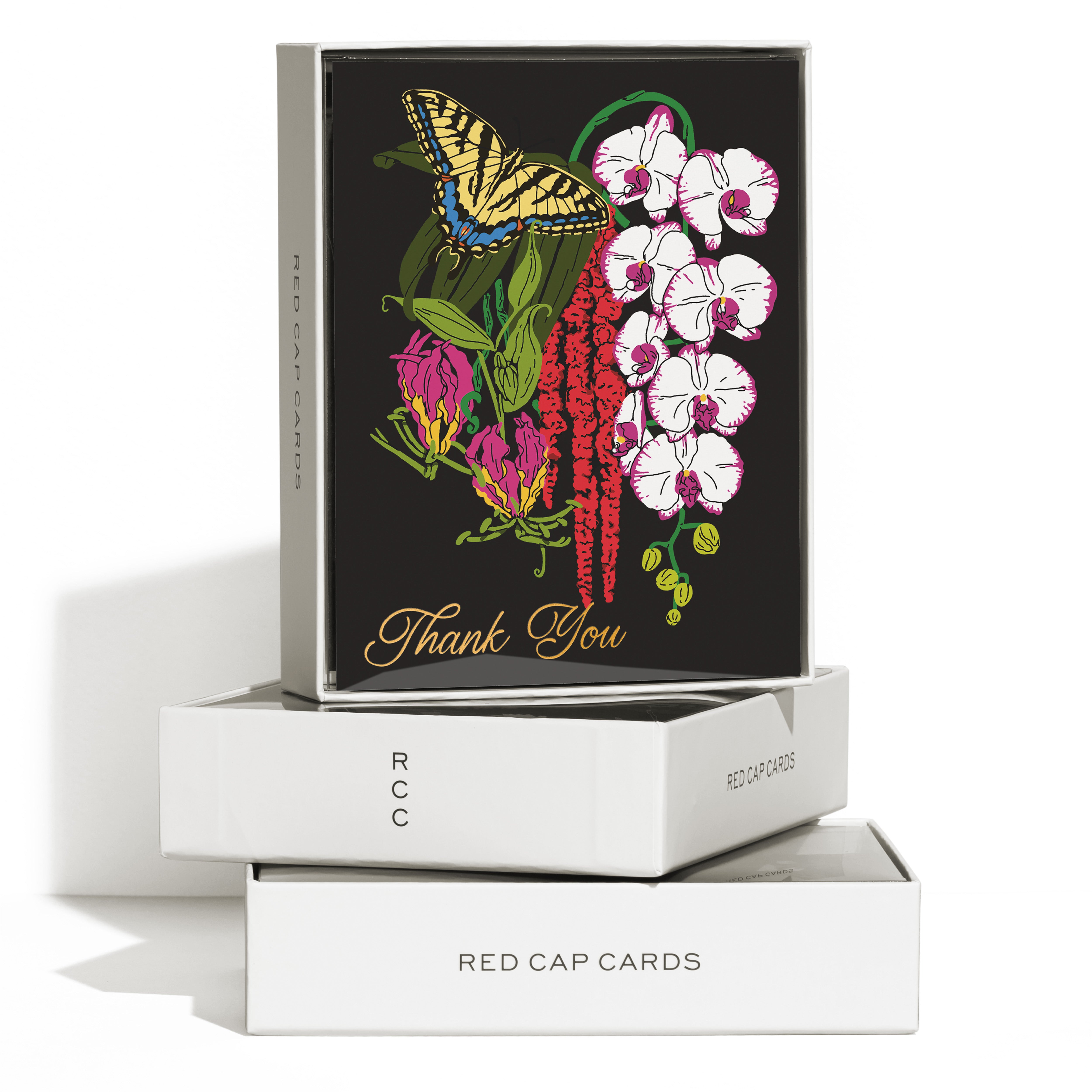 Thank you card with butterfly and flower design in gold foil on a black background boxed set of 8