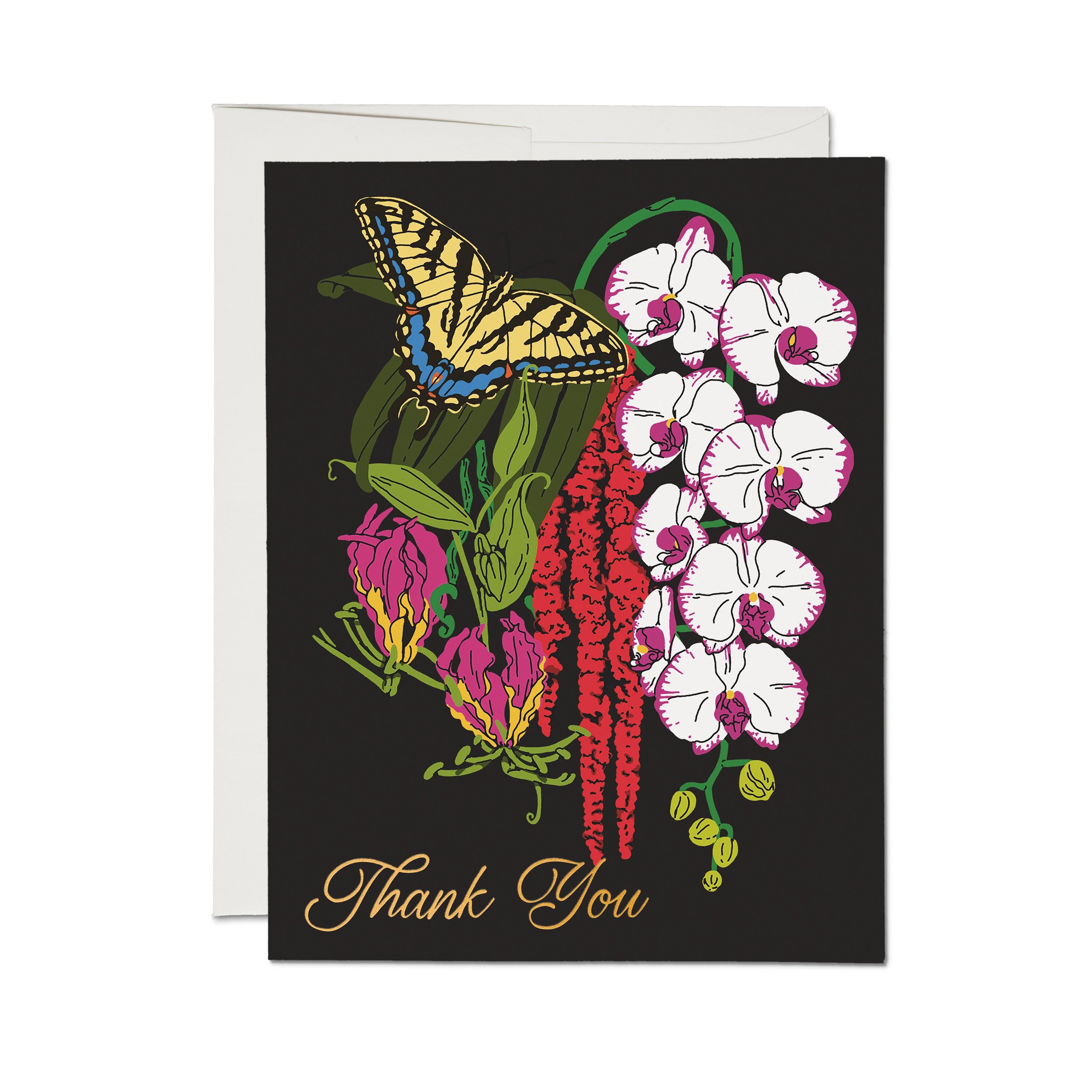 Thank you card with butterfly and flower design in gold foil on a black background