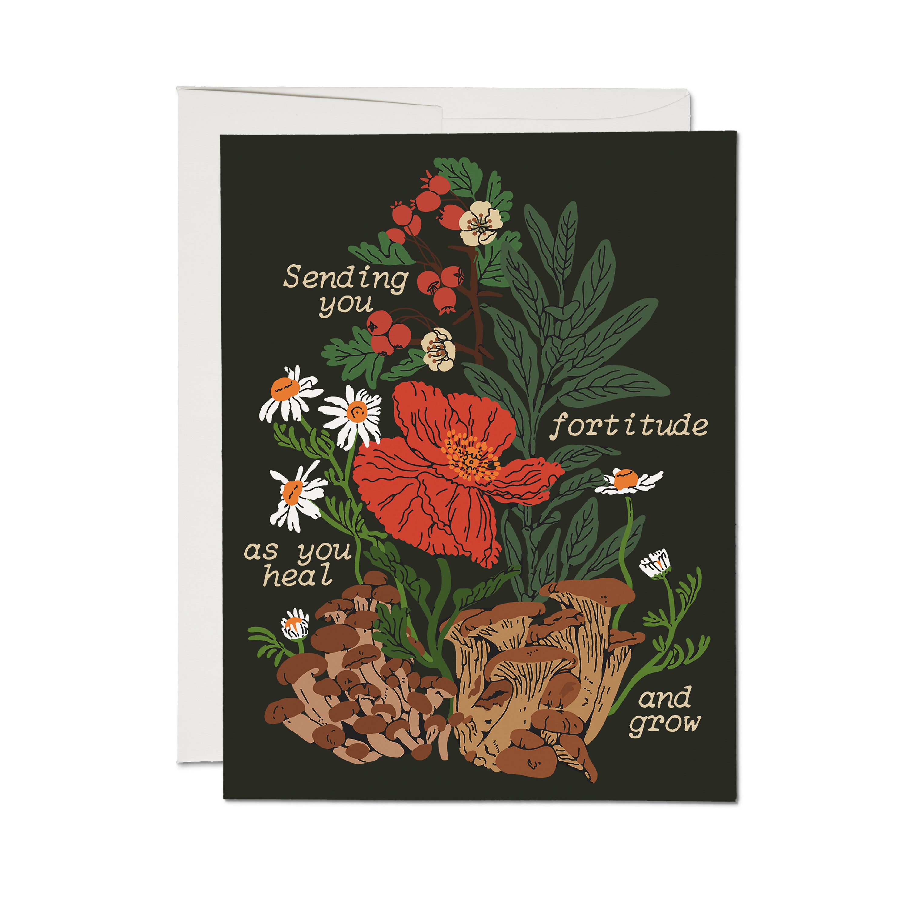 Get well card with botanical design of flowers and mushrooms on dark background with 'Sending You Fortitude As You Heal and Grow' text