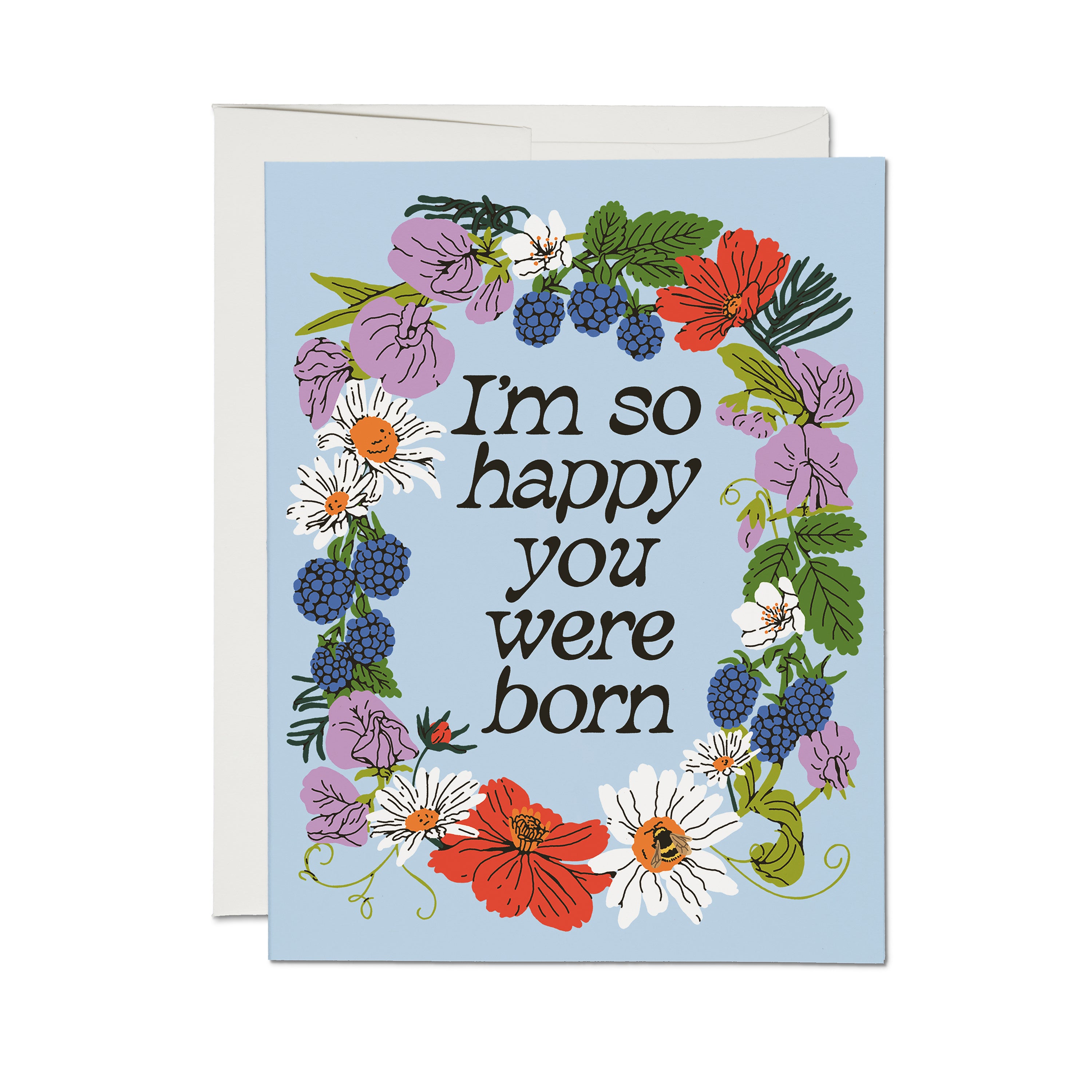 Birthday Greeting card with colorful floral design and "I'm so happy you were born" text on a light blue background