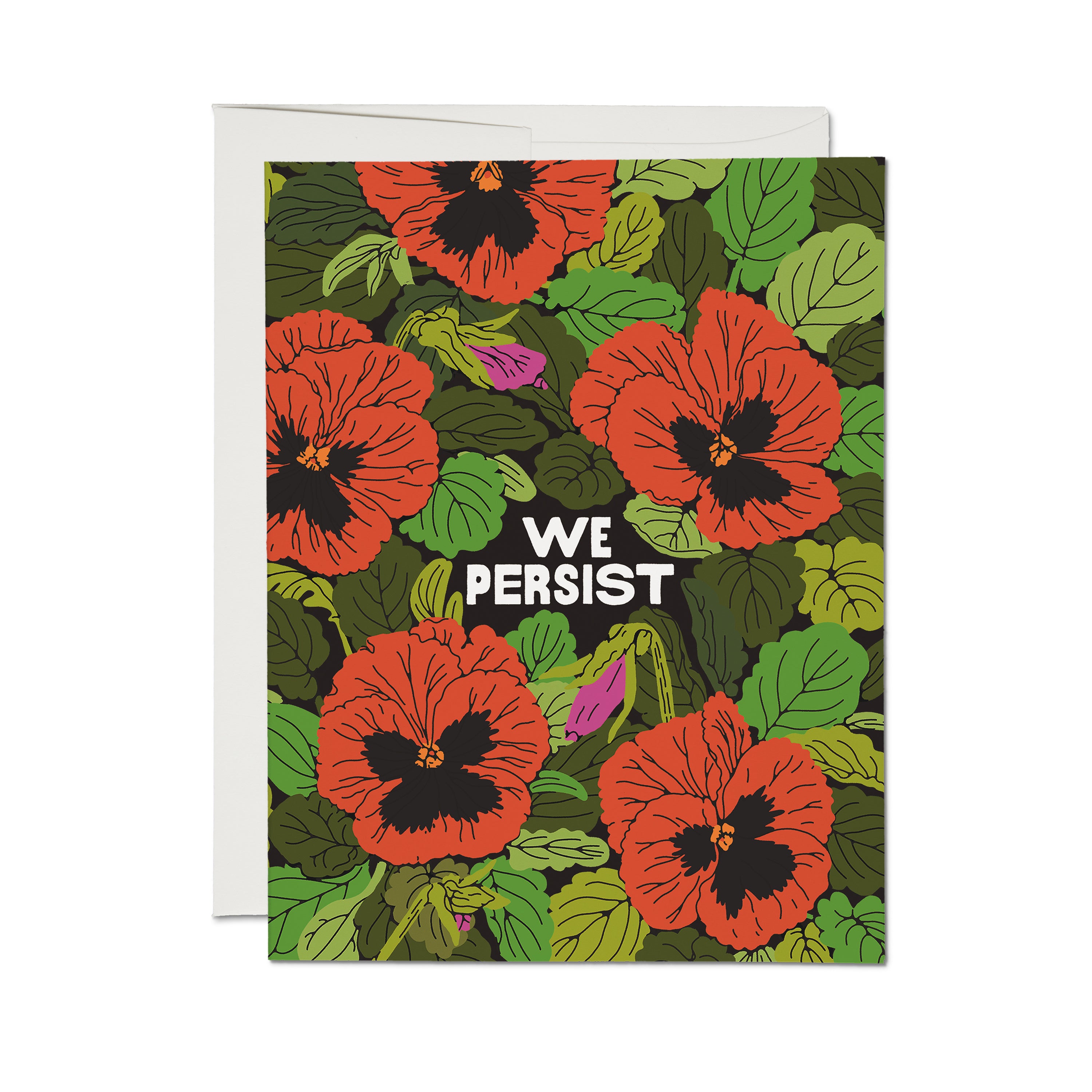 Empowerment greeting card with bold red and green blooming flower illustration with 'We Persist' text