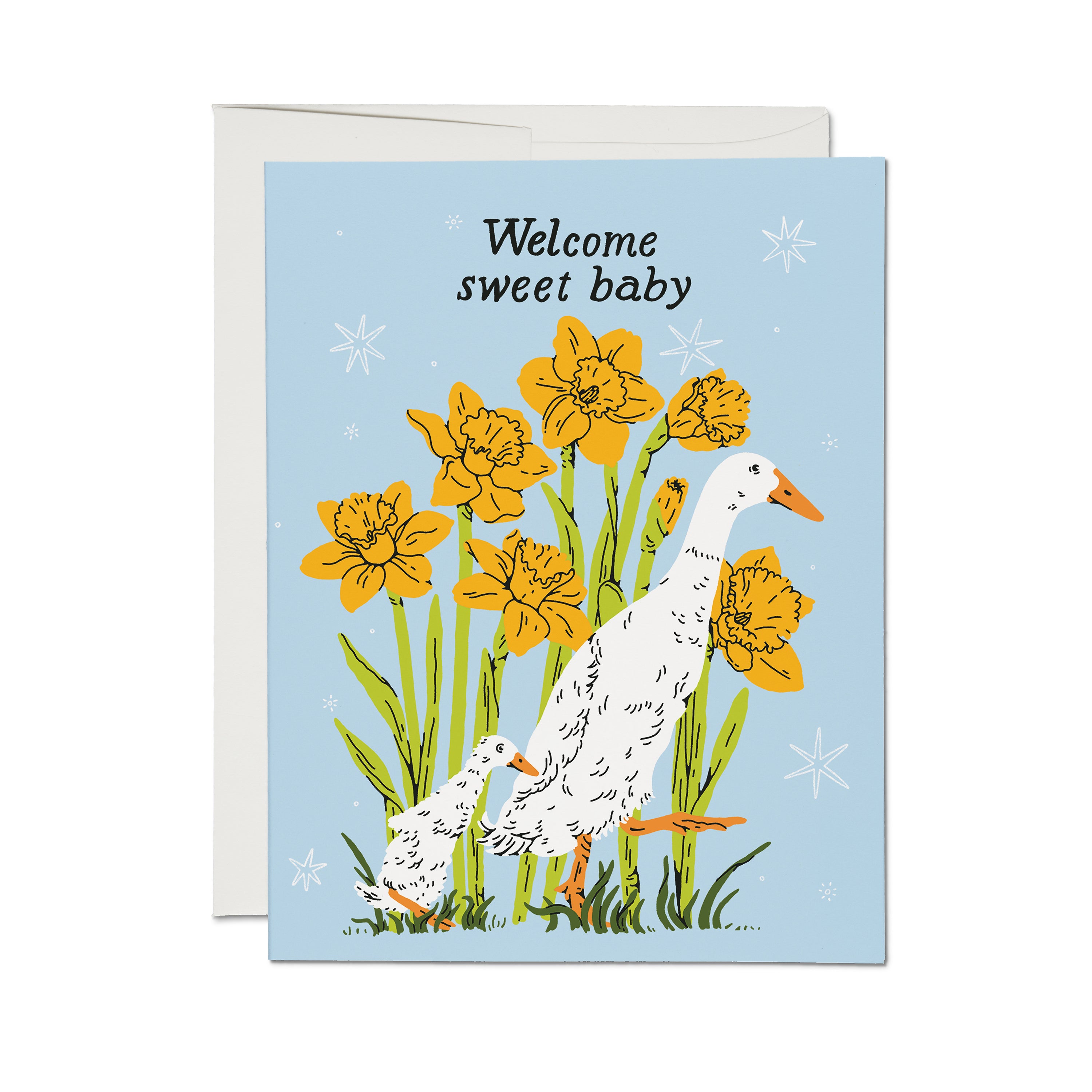 New Baby themed Greeting card with Mom and Baby ducks and daffodils and "welcome sweet baby" text on a blue background