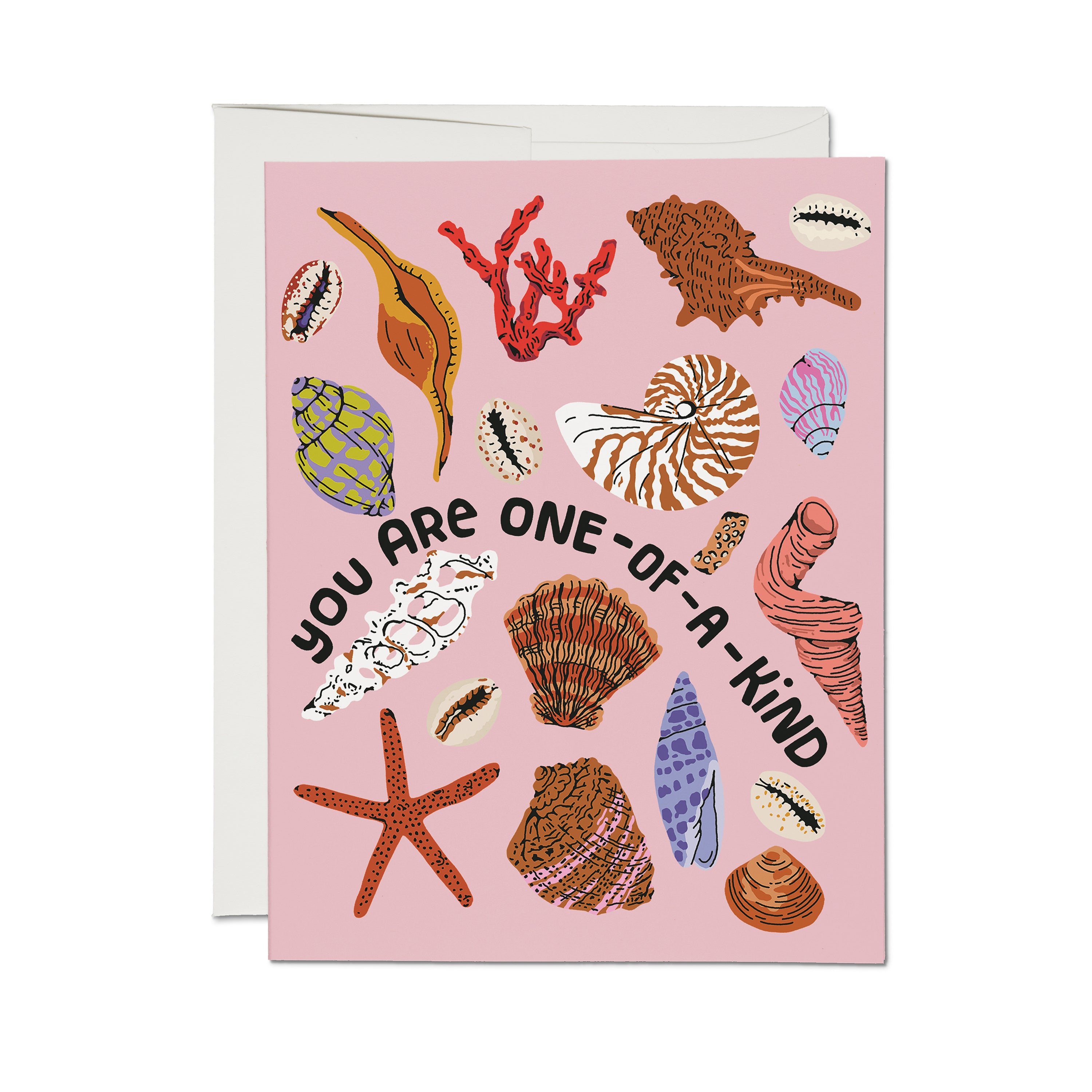 Greeting card with seashell-themed illustrations and "you are one-of-a-kind" text on a pink background