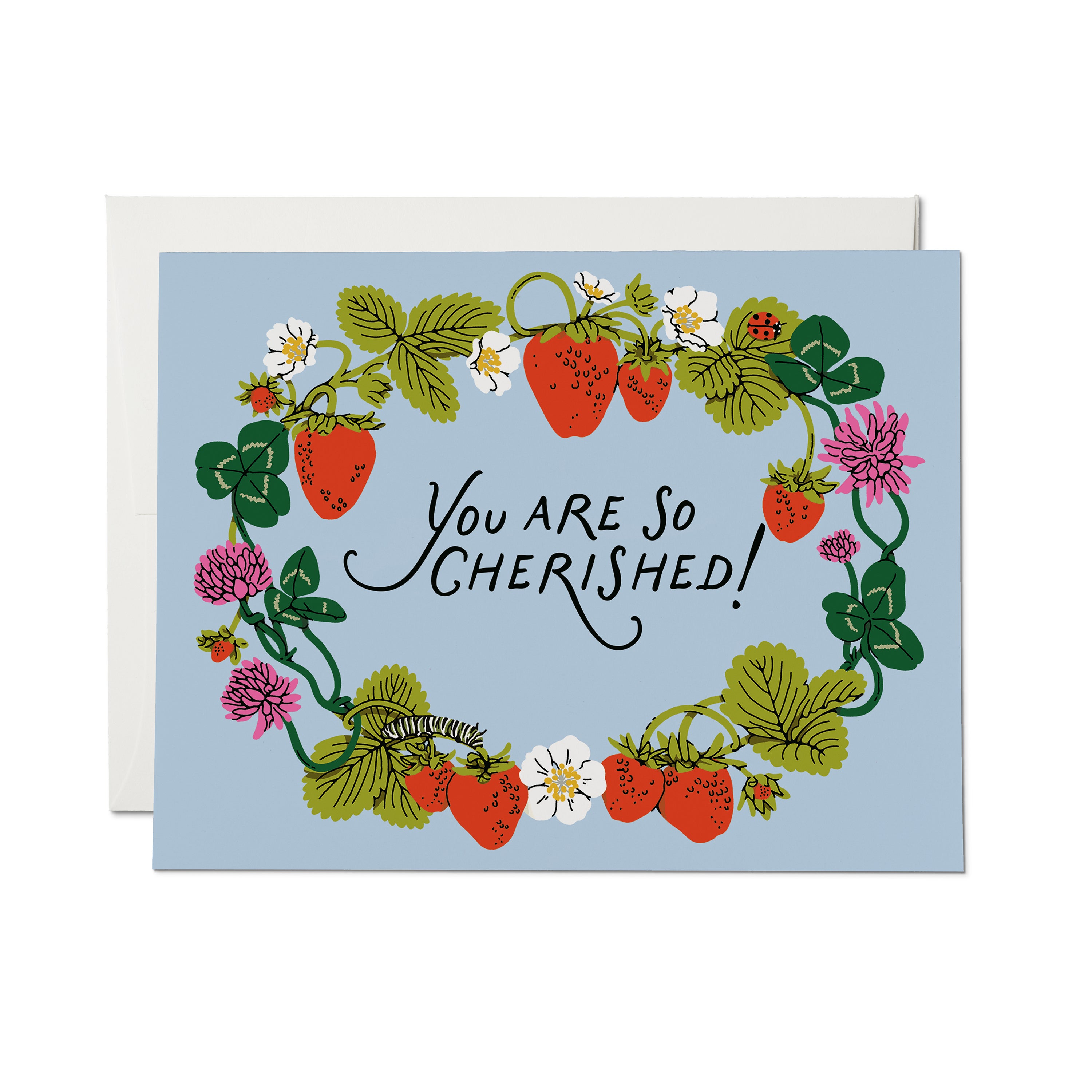 Greeting card with strawberry floral design and 'You are so cherished!' text on a light blue background