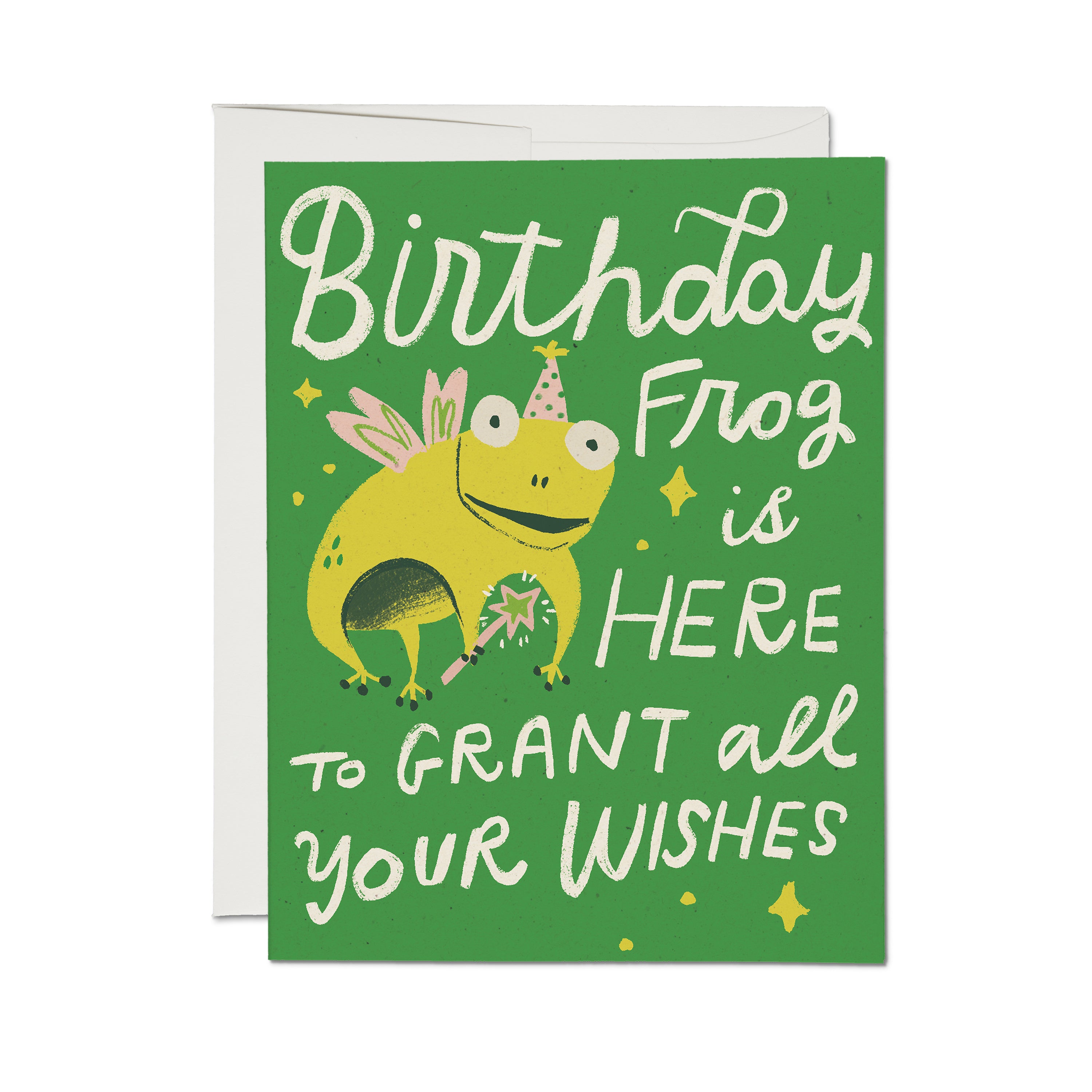 Funny birthday card with frog wearing a party hat and 'Birthday Frog is Here to Grant All Your Wishes' text on green background