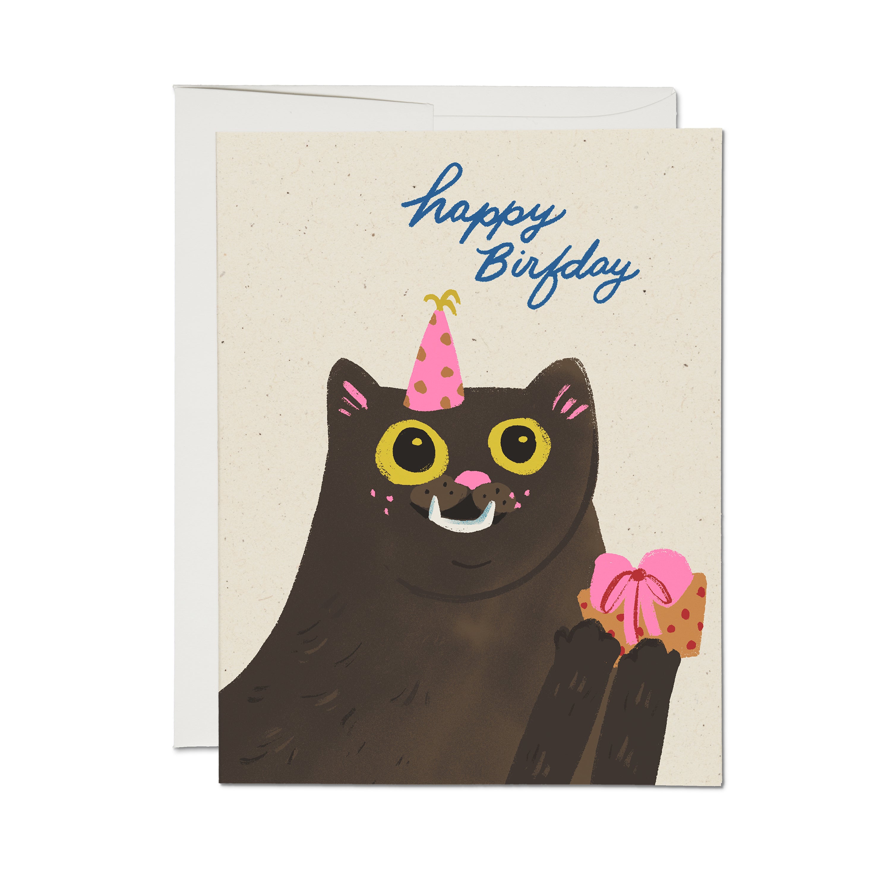 Birthday card with a black cat wearing a party hat and holding a cake, on a beige background with title "happy birfday"