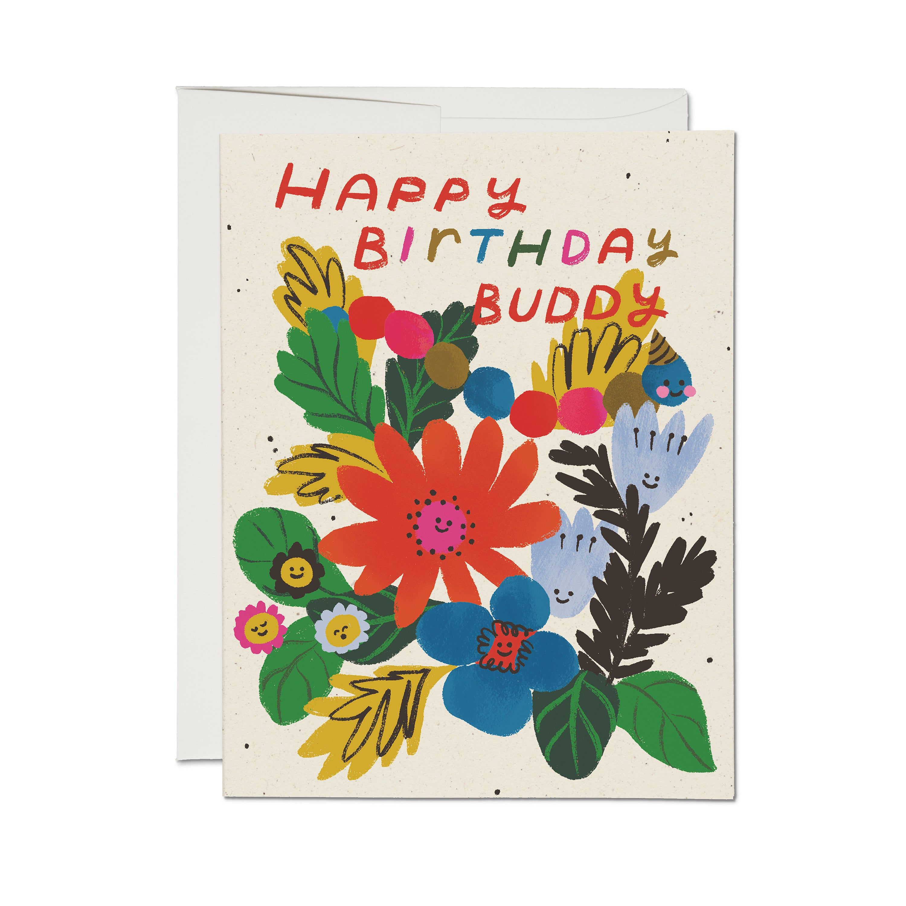Colorful birthday greeting card with illustrated smiling flowers bouquet and 'Happy Birthday Buddy' text on cream background