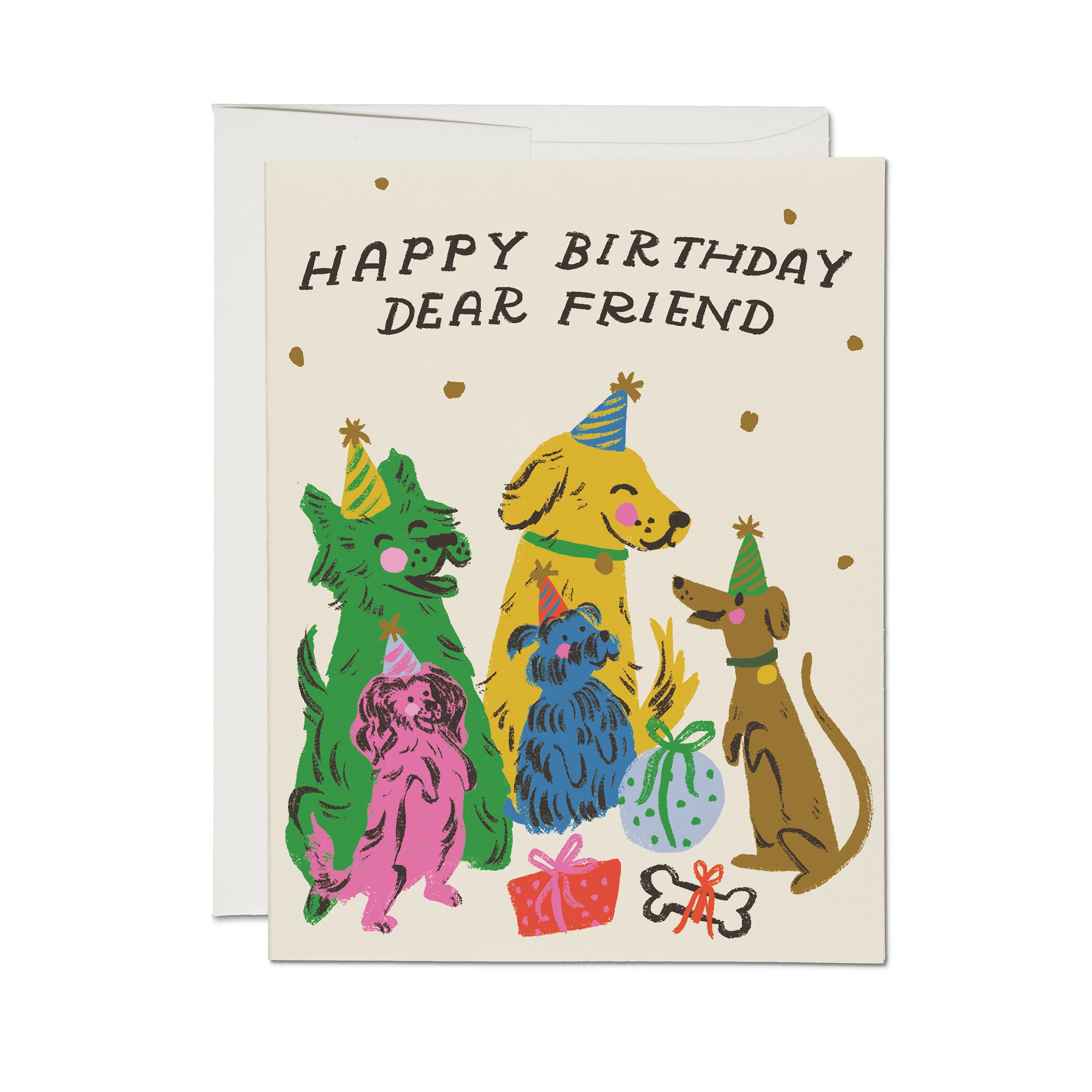 Birthday card with colorful dogs wearing party hats and presents on a beige background