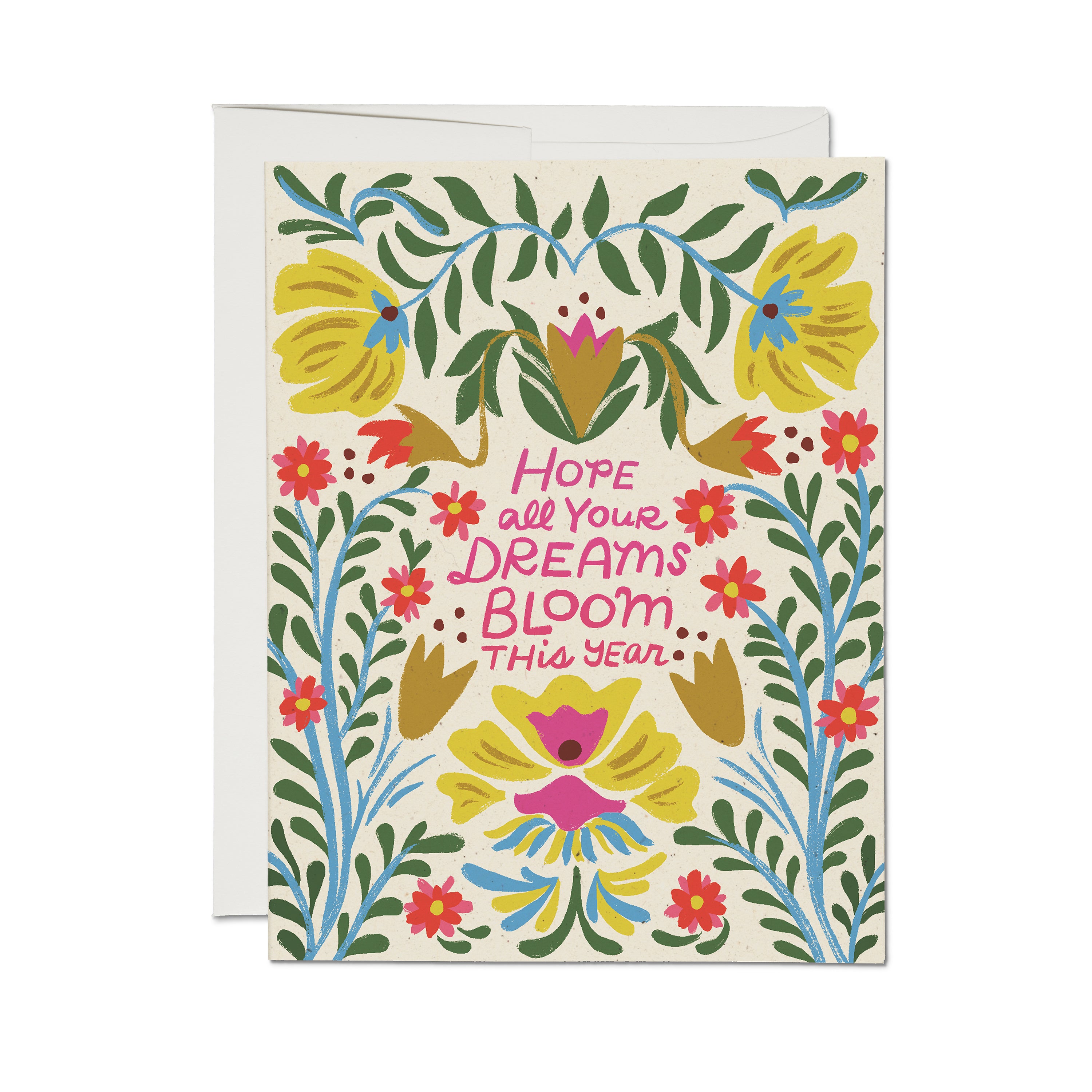 Greeting card with floral design and text 'Hope all your dreams bloom this year' on a white background