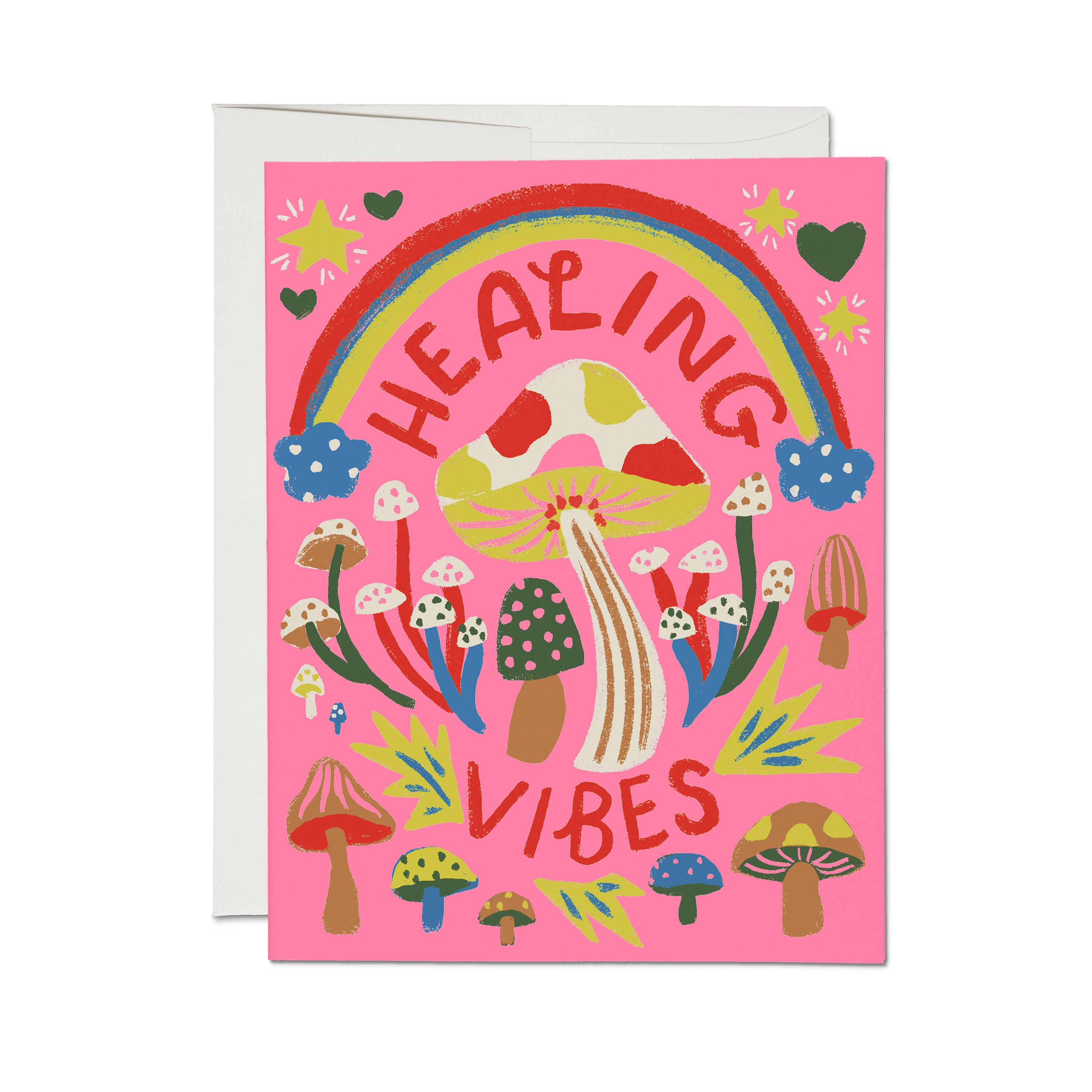 Colorful get well greeting card with illustrated mushrooms and rainbow on pink background with 'Healing Vibes' text