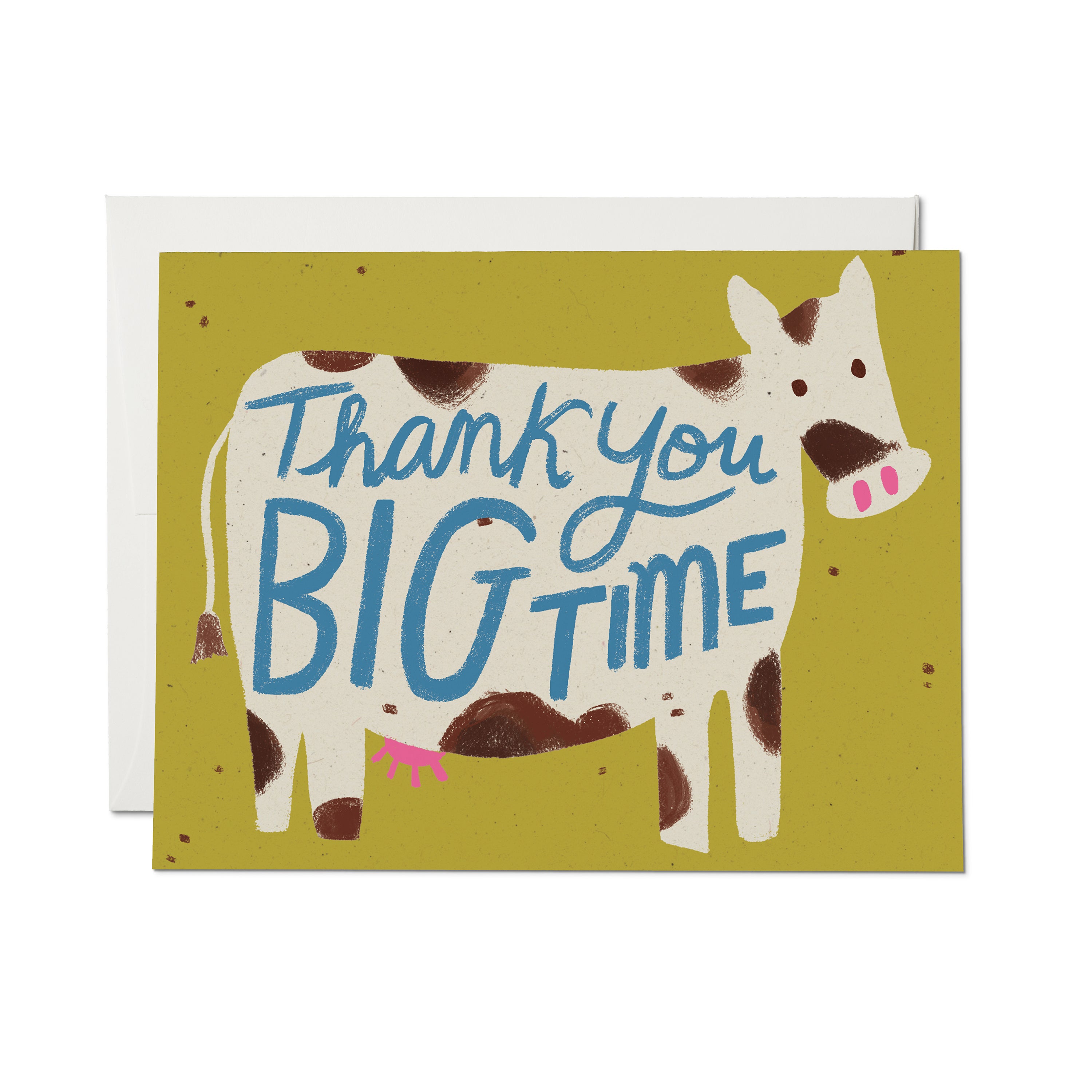 Funny thank you greeting card with illustrated cow and 'Thank You Big Time' text on olive green background