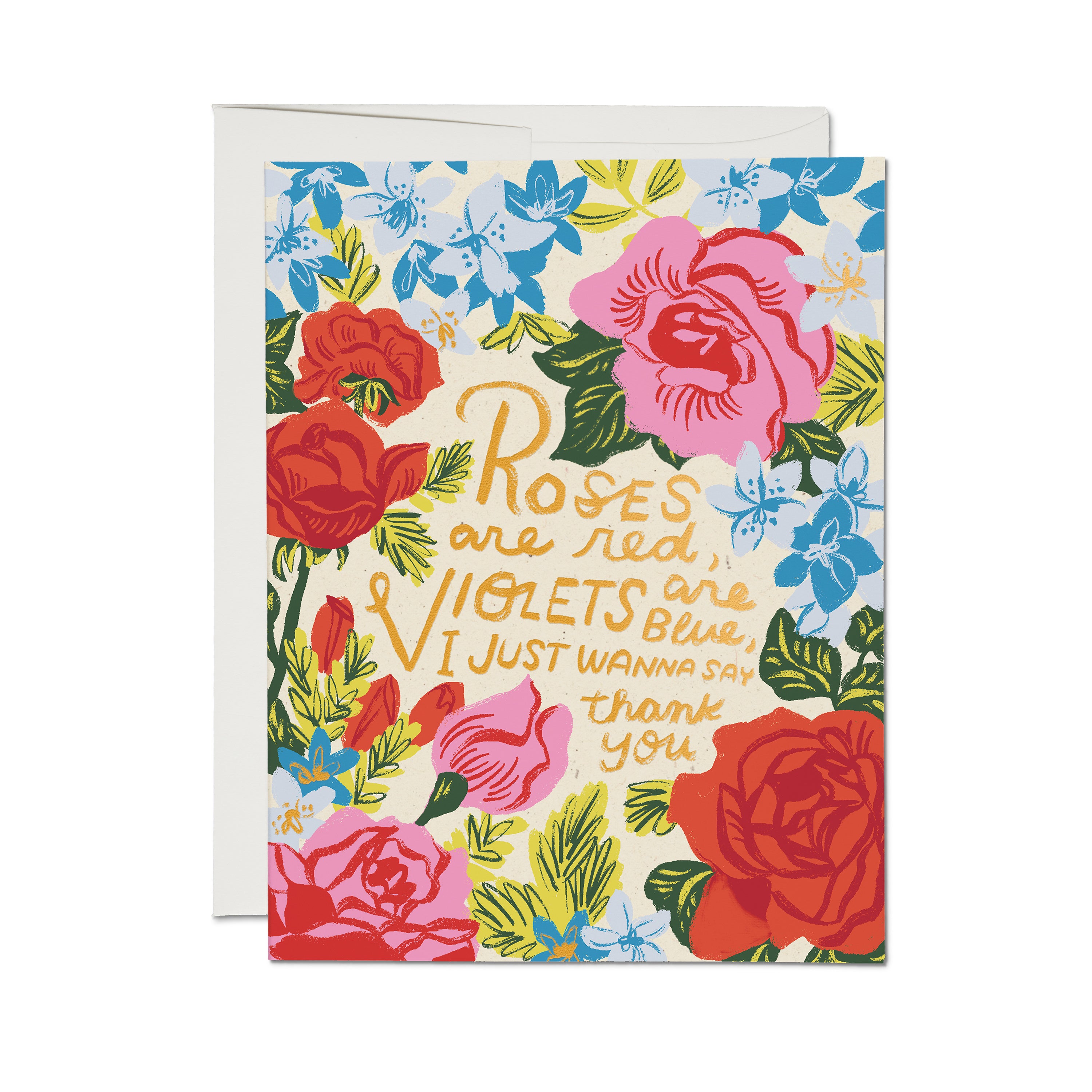 Foil Stamped Thank you card with bright floral illustration and ‘Roses are red, violets are blue’ message boxed set of 8