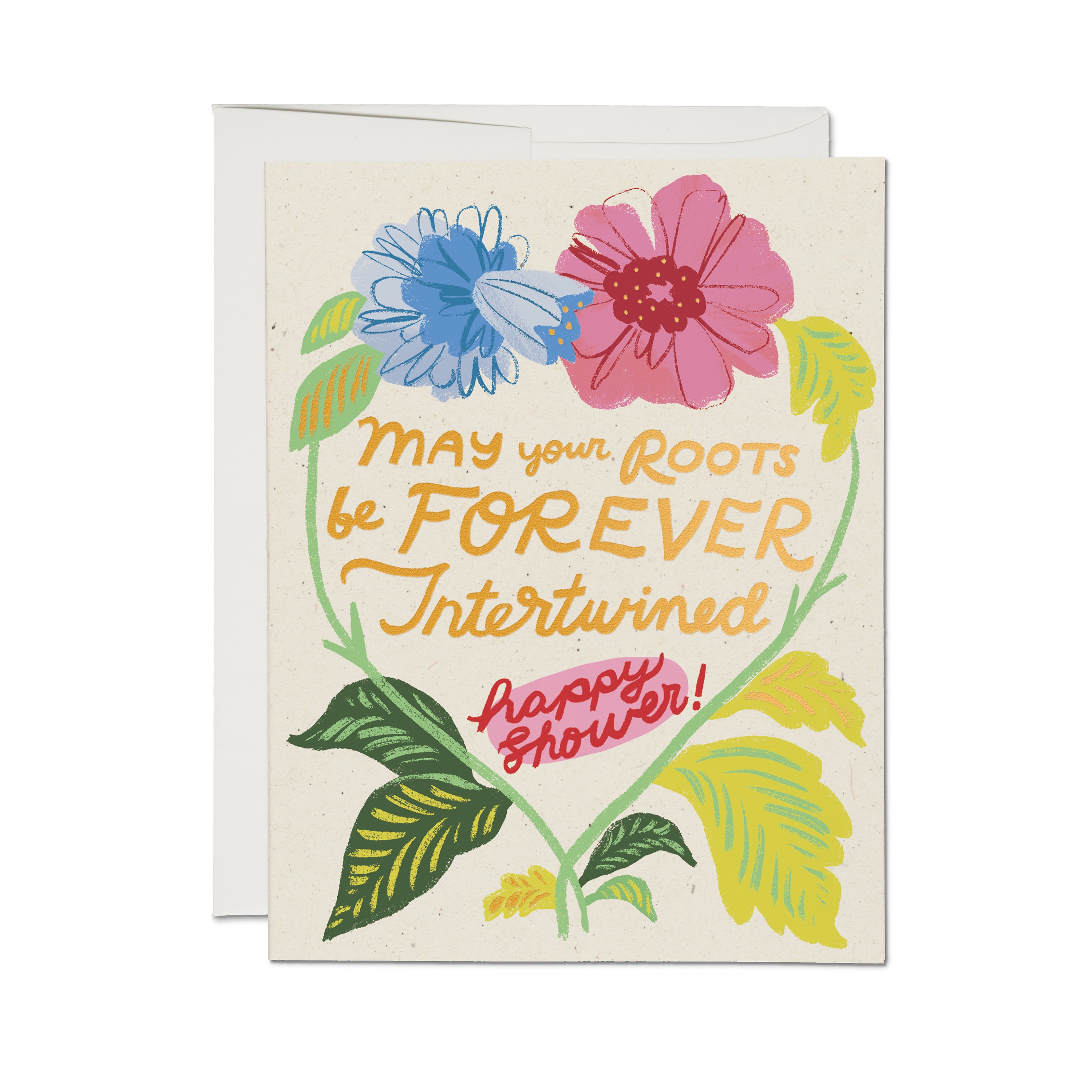 Gold foil shower themed card with intertwined roots illustration and ‘May Your Roots Be Forever Intertwined’ text