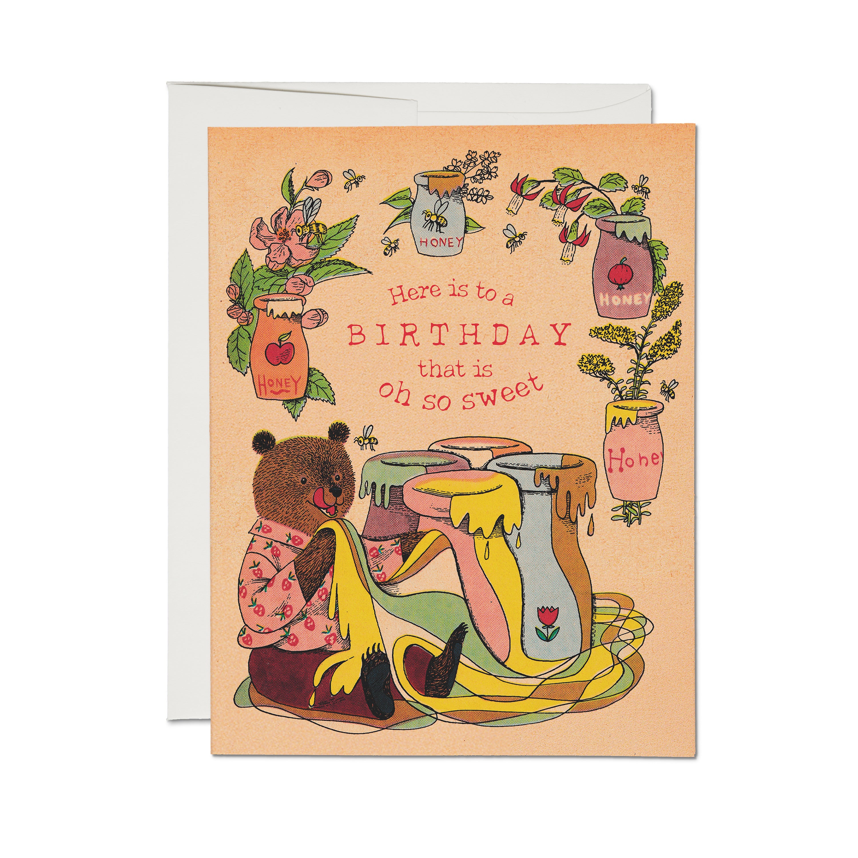 Birthday card with an illustrated bear and honey jars with text 'Here is to a BIRTHDAY that is oh so sweet'.