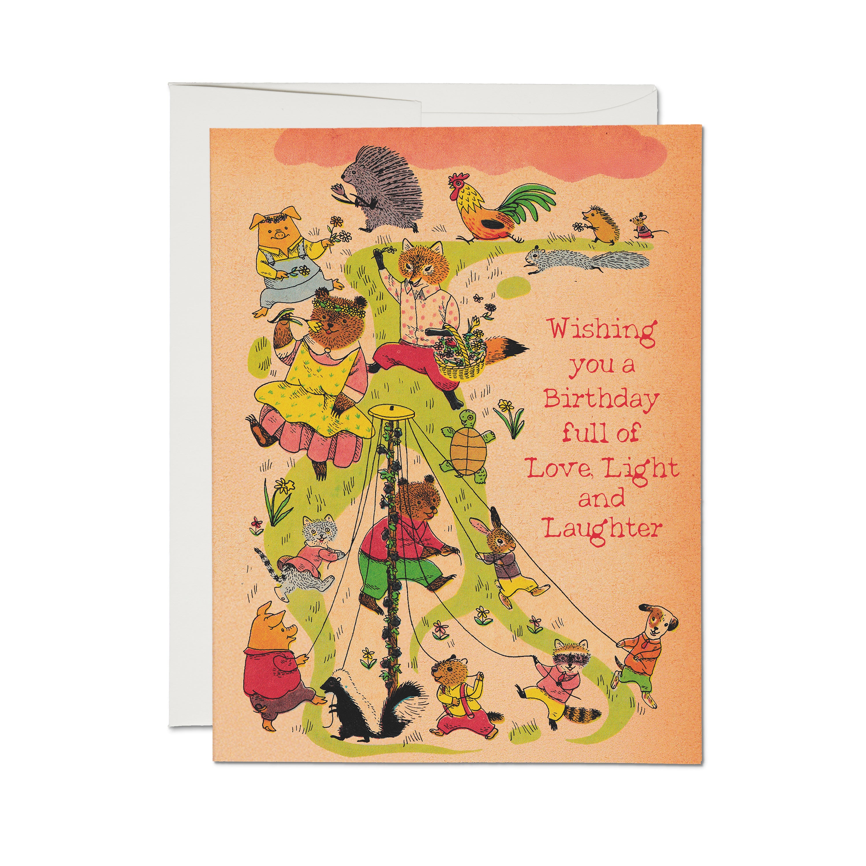 Birthday card with illustrated woodland animals dancing around a maypole, with heartfelt birthday text on peach background.