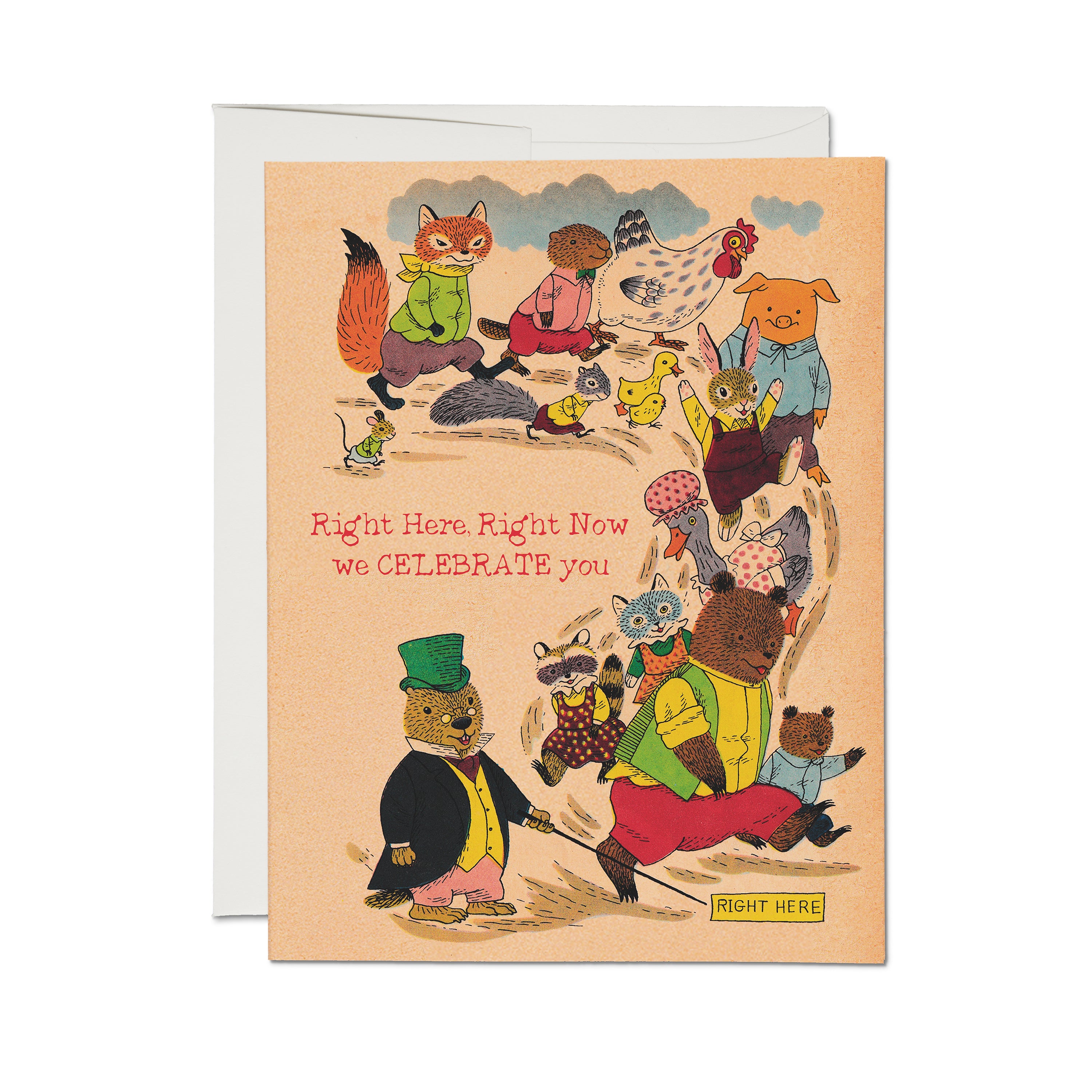 Birthday card with a parade of illustrated woodland animals, with text 'Right Here, Right Now we CELEBRATE you.'