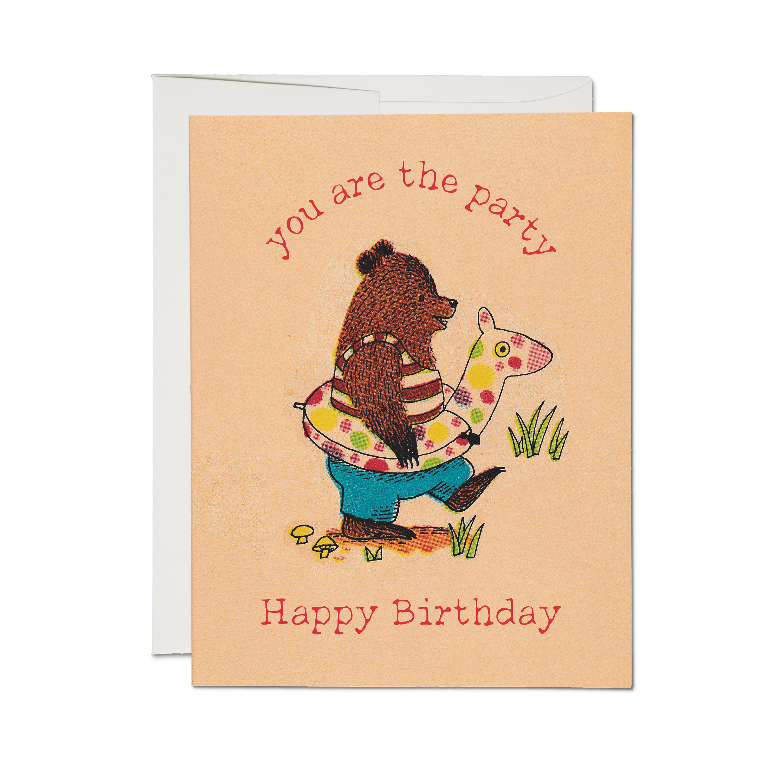 Birthday Card with cartoon bear wearing a llama pool float with 'you are the party. Happy Birthday' text on peach background