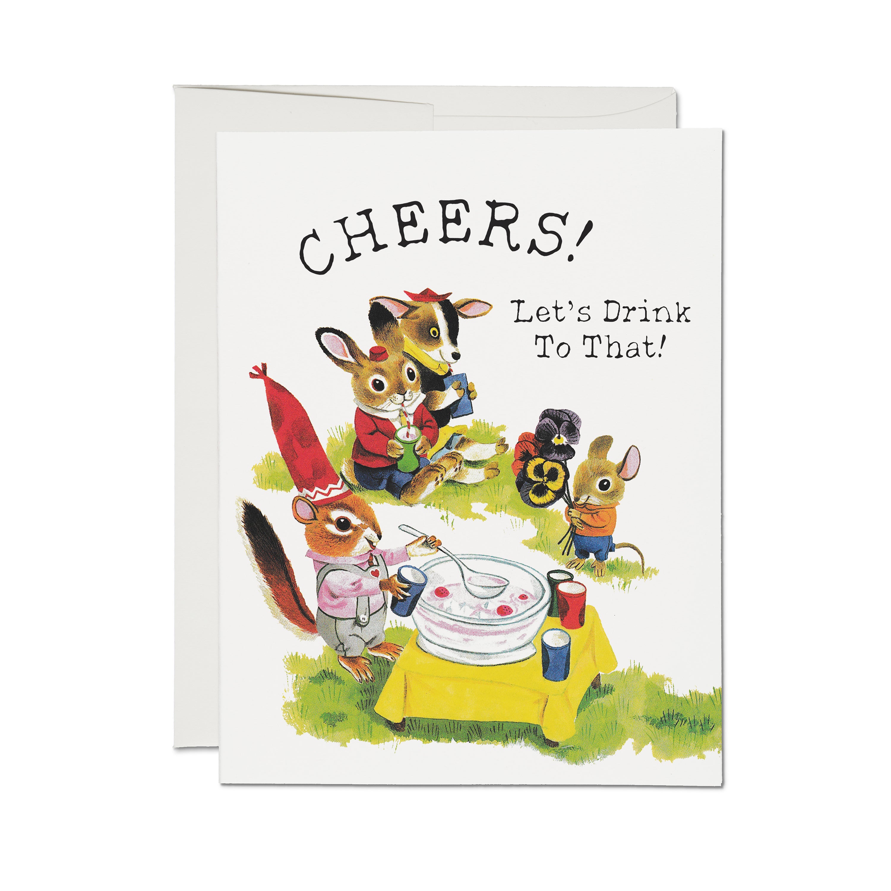 Birthday card with illustrated animals in a field in party hats around a punch bowl and 'Cheers! Let's Drink To That!' text.