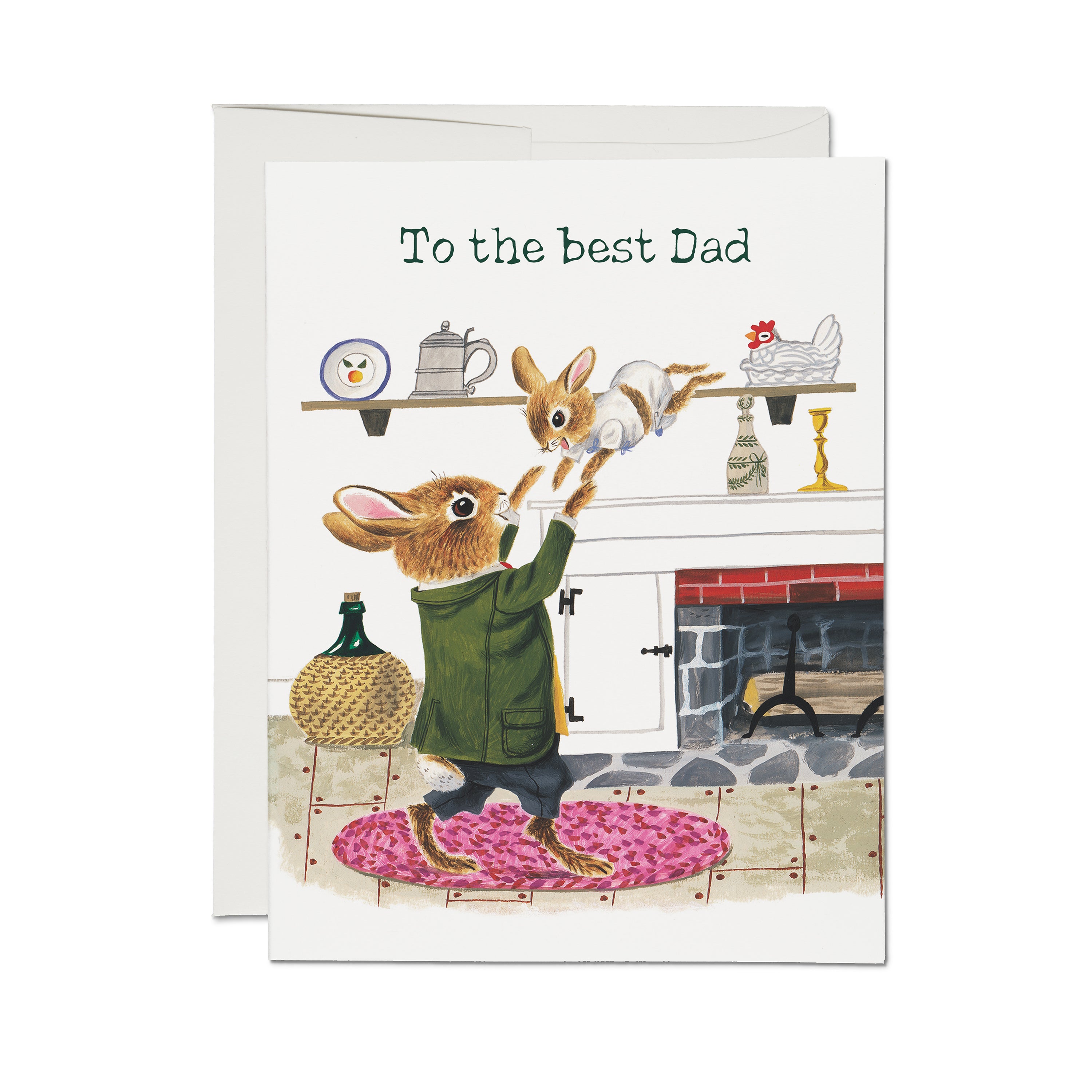 Father's Day card with illustration of a rabbit and a child rabbit playing in a rustic kitchen, with text 'To the best Dad'.