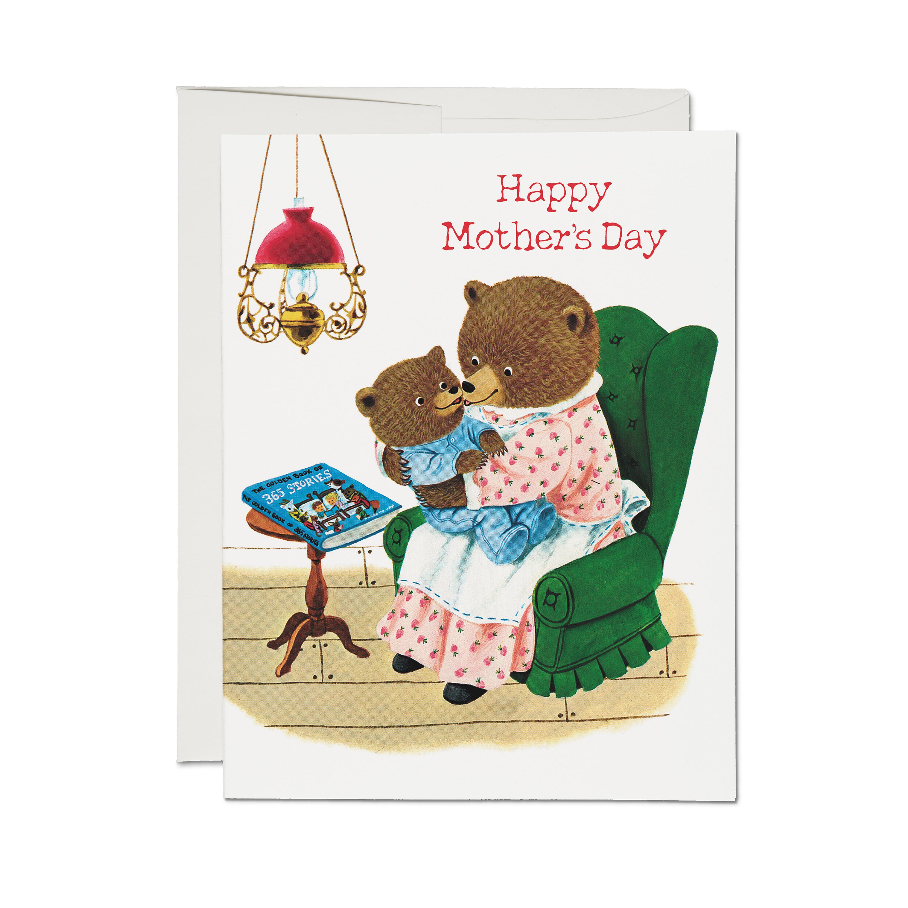 Mother's Day card with a mother bear cuddling a baby bear in an armchair, with text 'Happy Mother's Day.