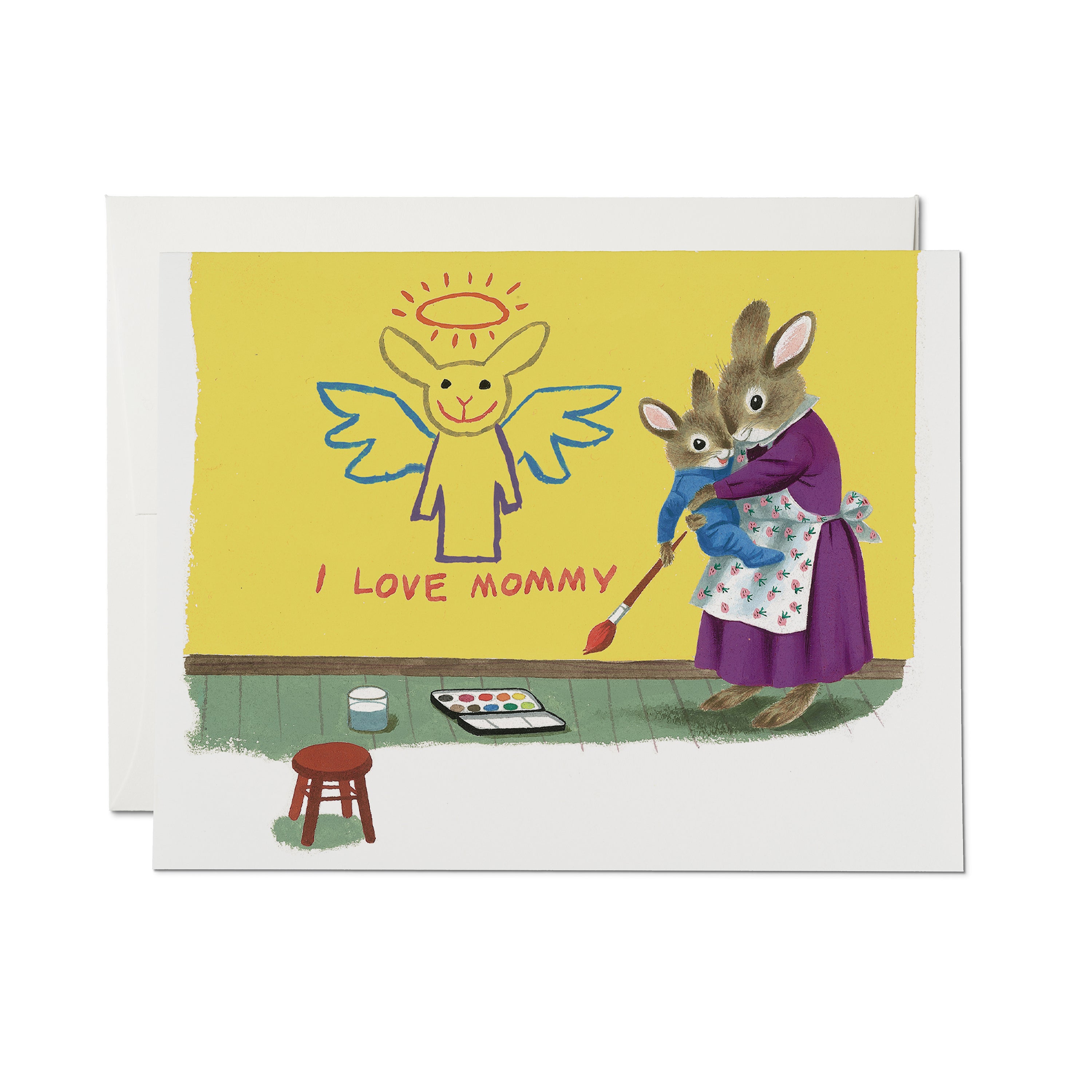 Mother's Day card with a mother and baby rabbit beside a child-like wall painting of an angel and text 'I Love Mommy.
