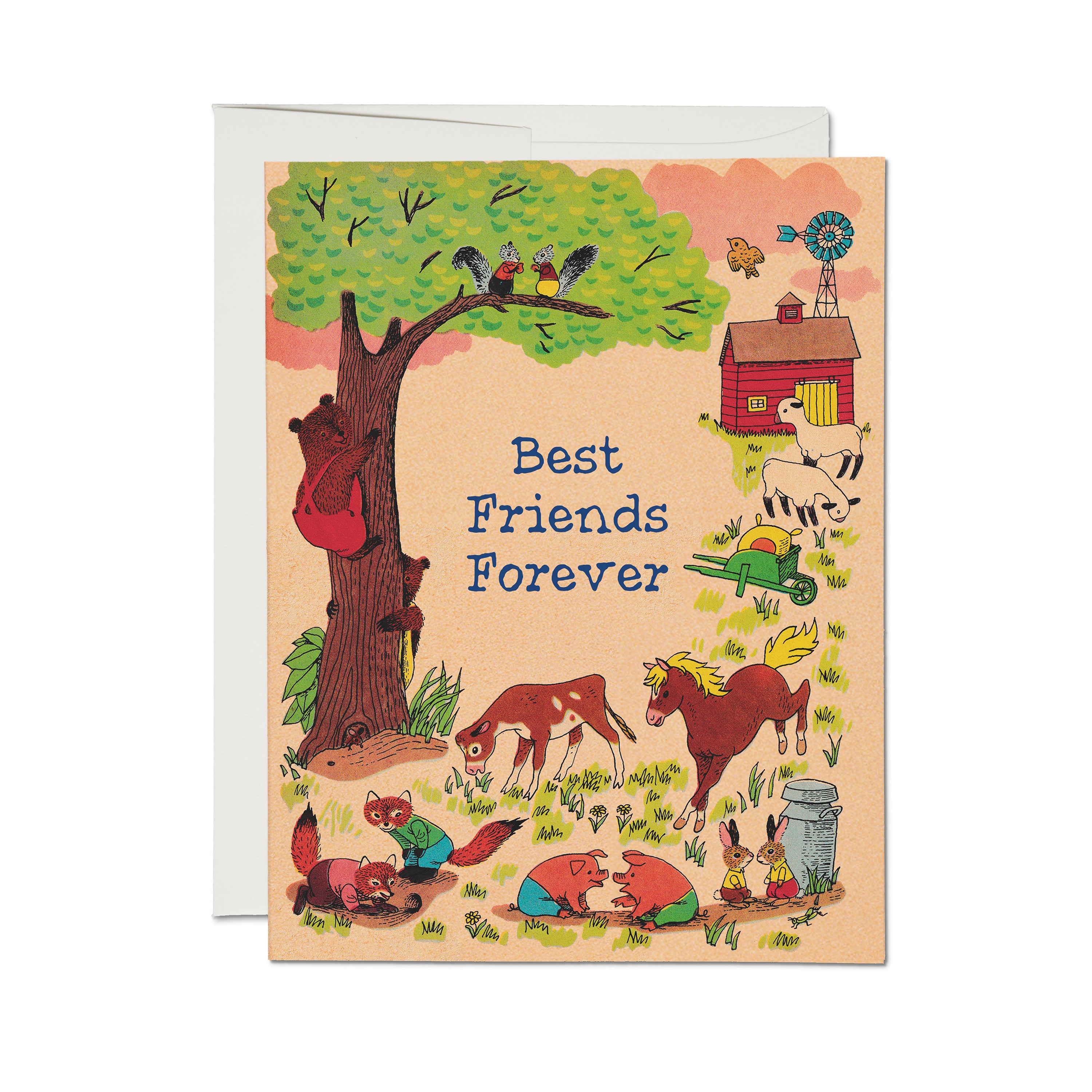 Greeting card with animal illustrations and 'Best Friends Forever' text on a peach background