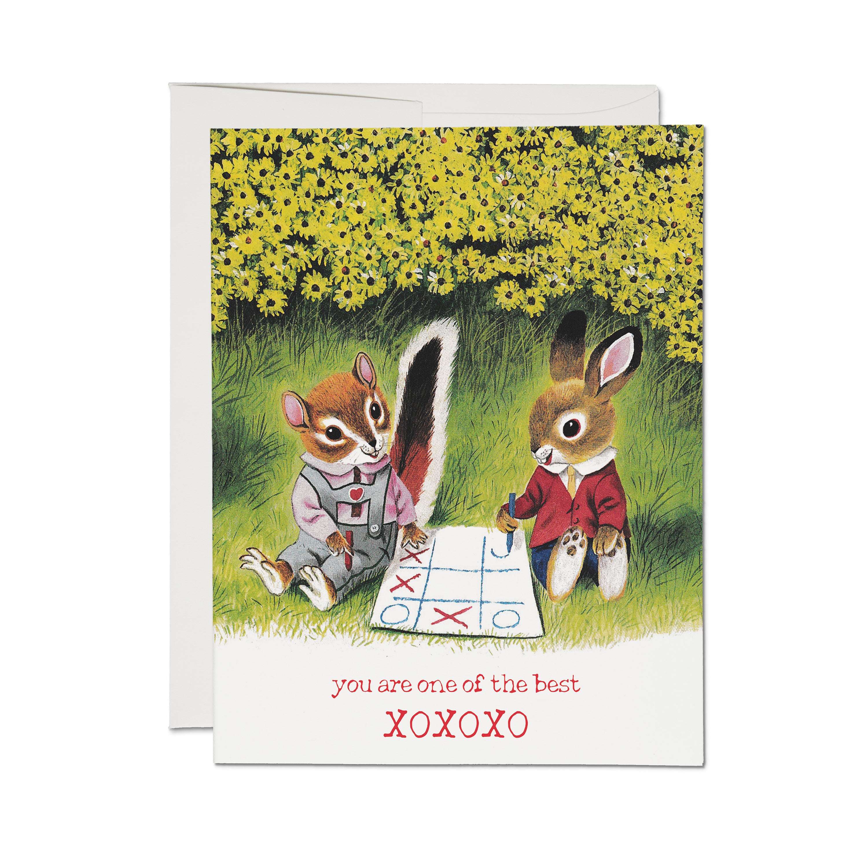 Card with a squirrel and a rabbit playing tic tac toe in a field of yellow flowers with text "You Are One of The Best XOXOXO"