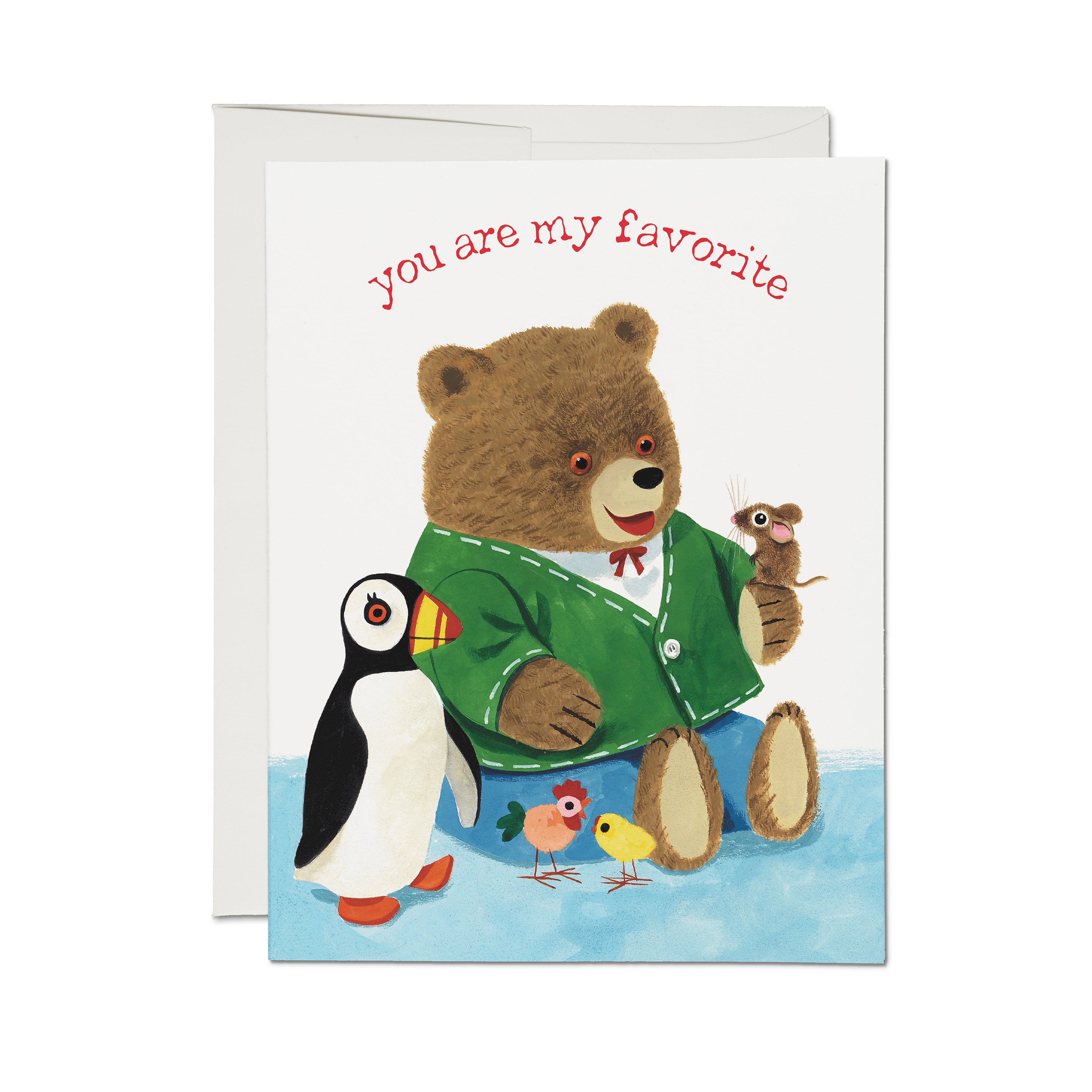 Greeting card with a bear, mouse, puffin, and other animals on a white background with 'you are my favorite' text.