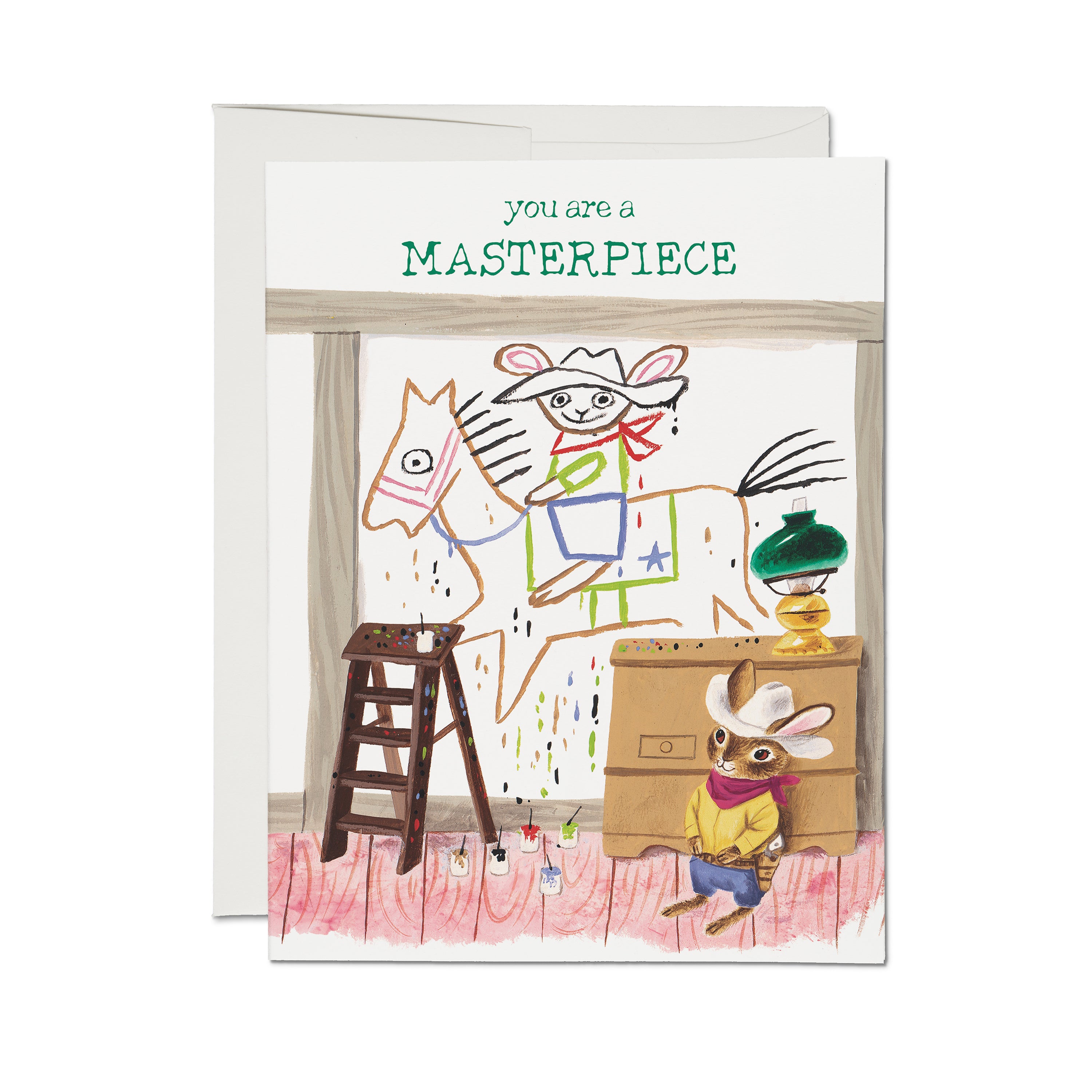Card with a cowboy bunny admiring a child-like wall painting of a bunny on a horse, with text 'you are a MASTERPIECE.'