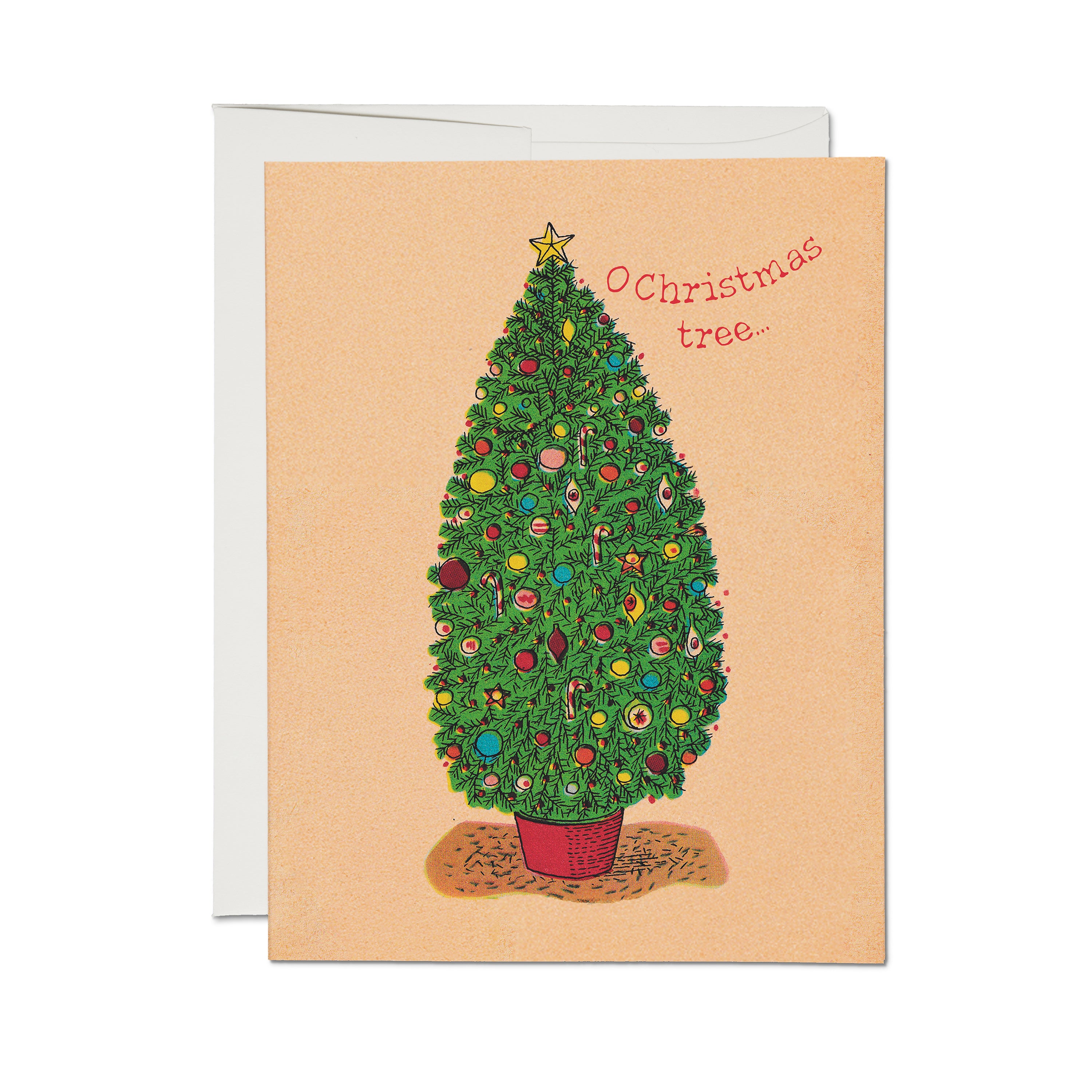 Christmas card with a decorated tree illustration and text 'O Christmas Tree...'