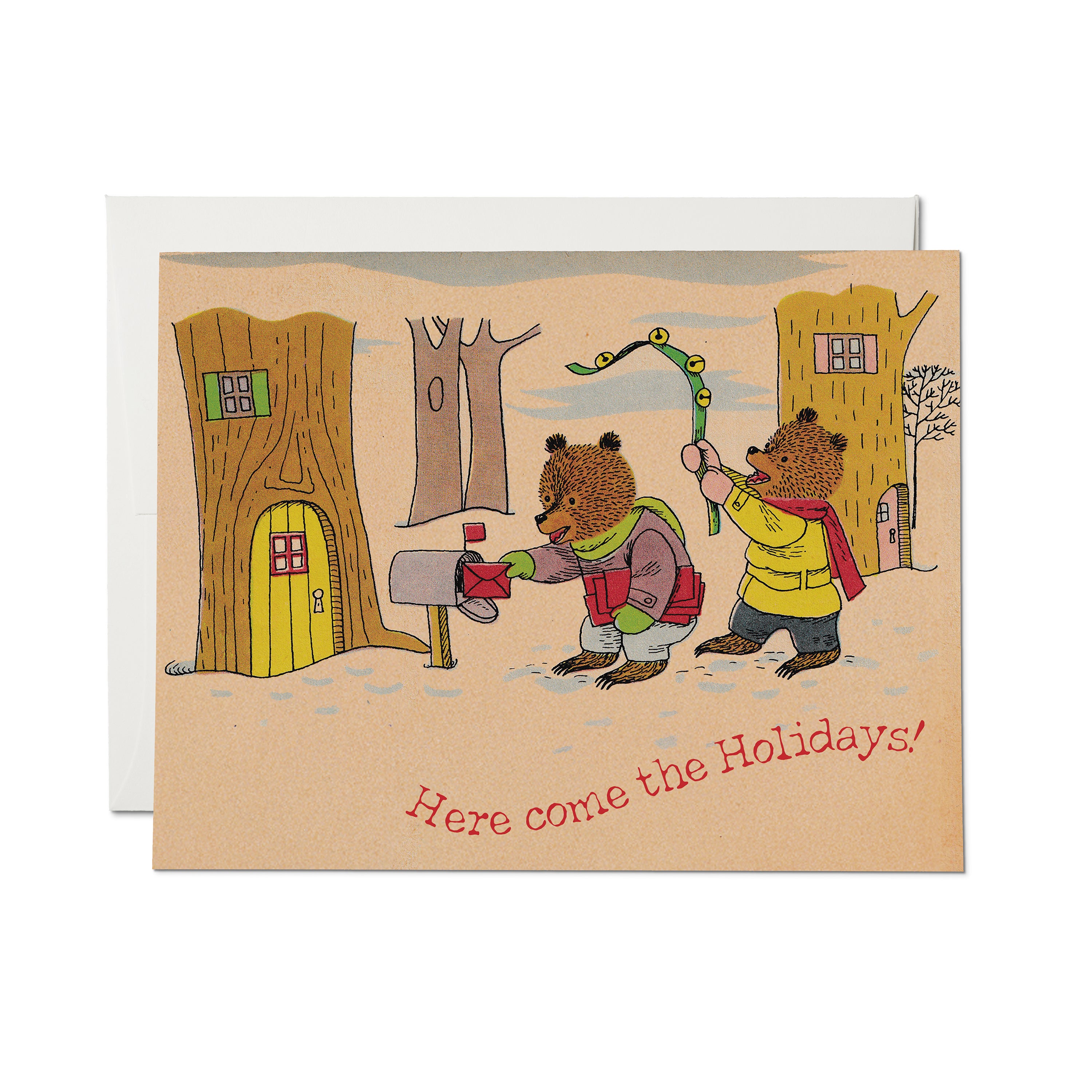 Holiday card: two bears in a woodland village, one mailing a letter, one holding garland, with 'Here come the Holidays!' text.
