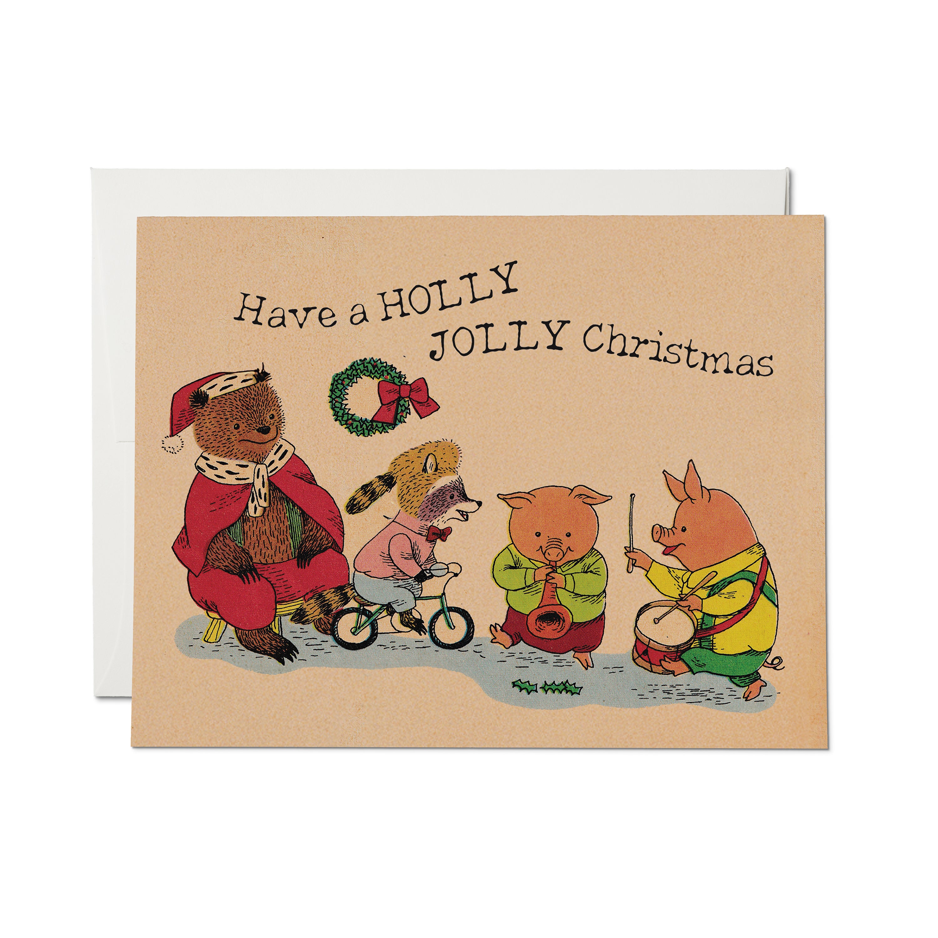 Christmas card with cartoon animals playing music and having fun with text 'Have a HOLLY JOLLY Christmas' 