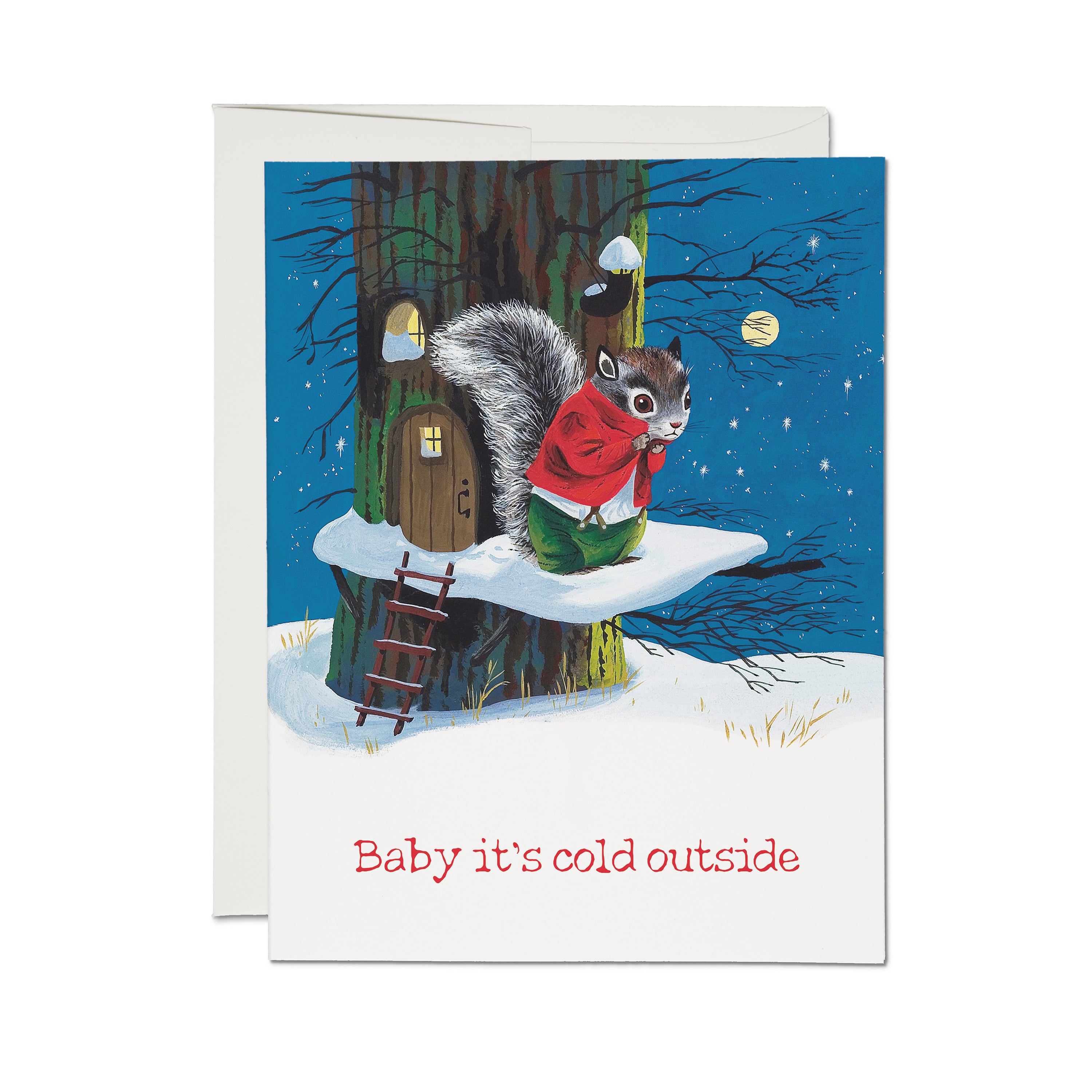 Holiday greeting card with a squirrel in a red coat on a snowy tree stump, with 'Baby it's cold outside' text.