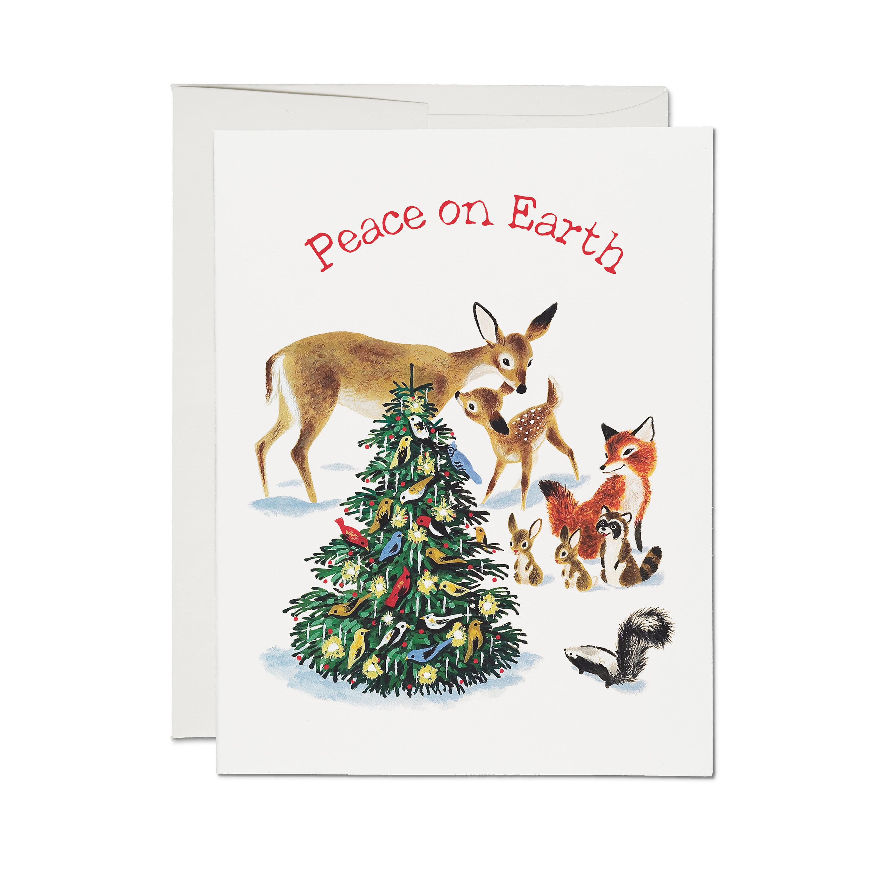 Christmas card with woodland animals around a decorated tree and 'Peace on Earth' text on white background.