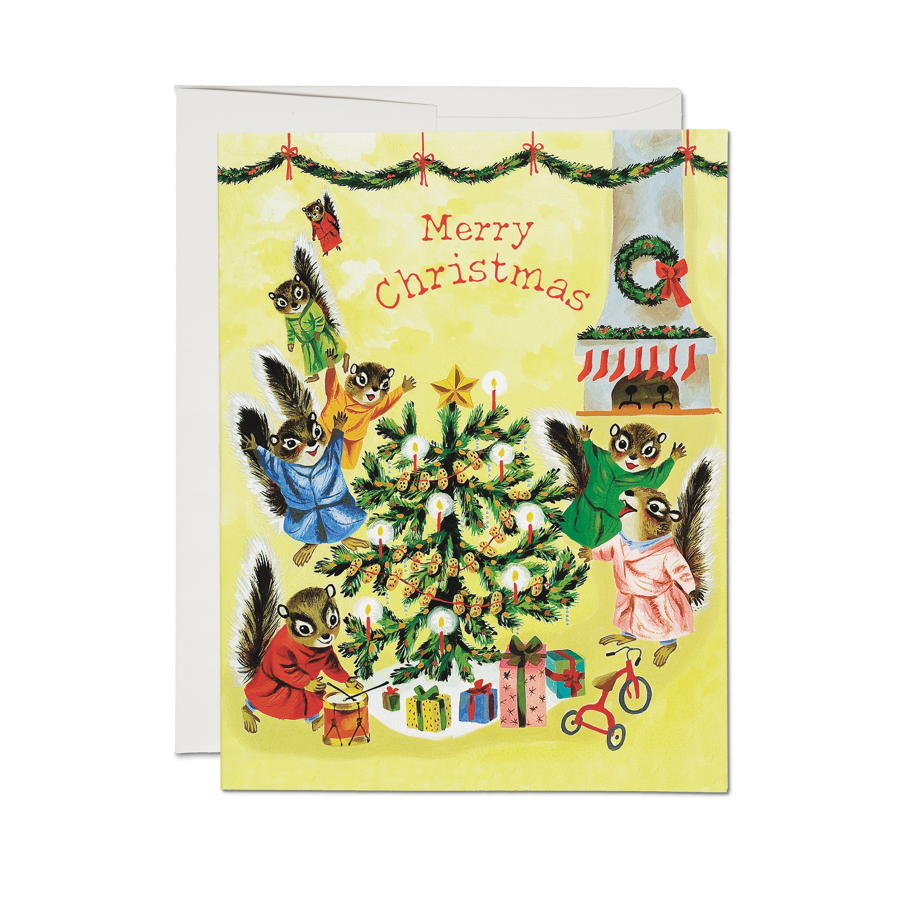 Christmas card with cartoon squirrels around a decorated tree and presents.