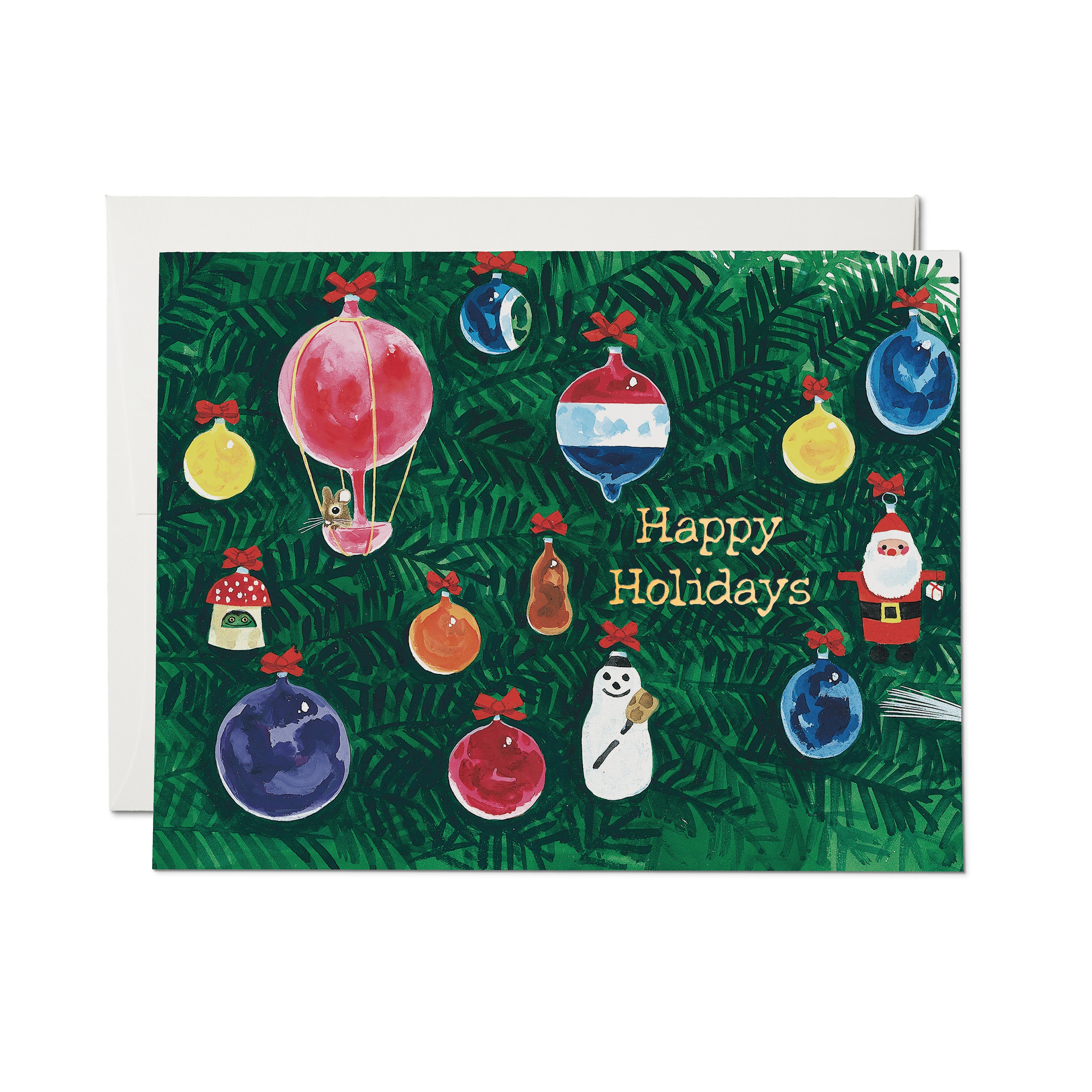 Christmas card with tree ornaments and Gold Foil "Happy Holidays" text on green background.