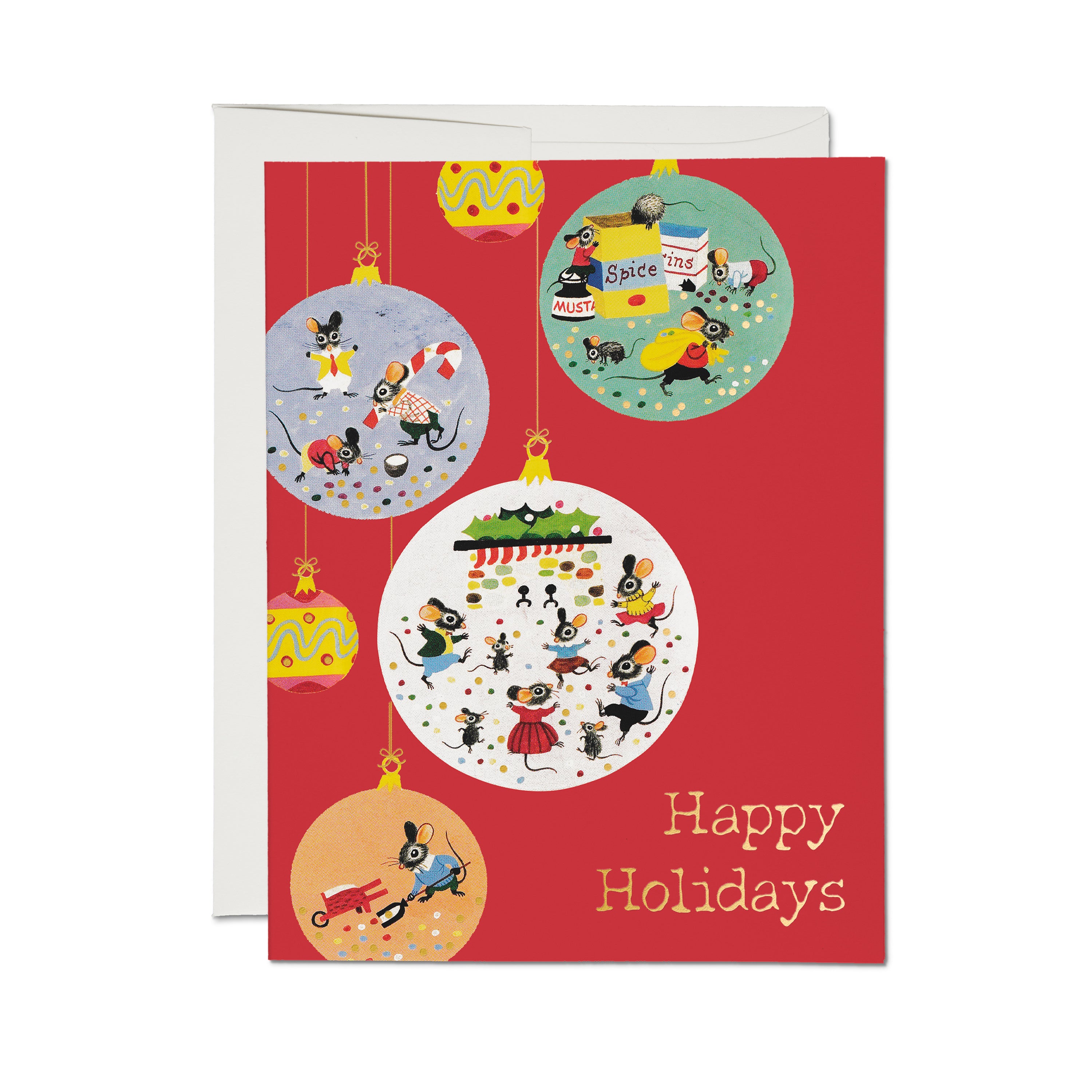 Red holiday card in Gold Foil with cartoon mice in Christmas ornaments and 'Happy Holidays' text.