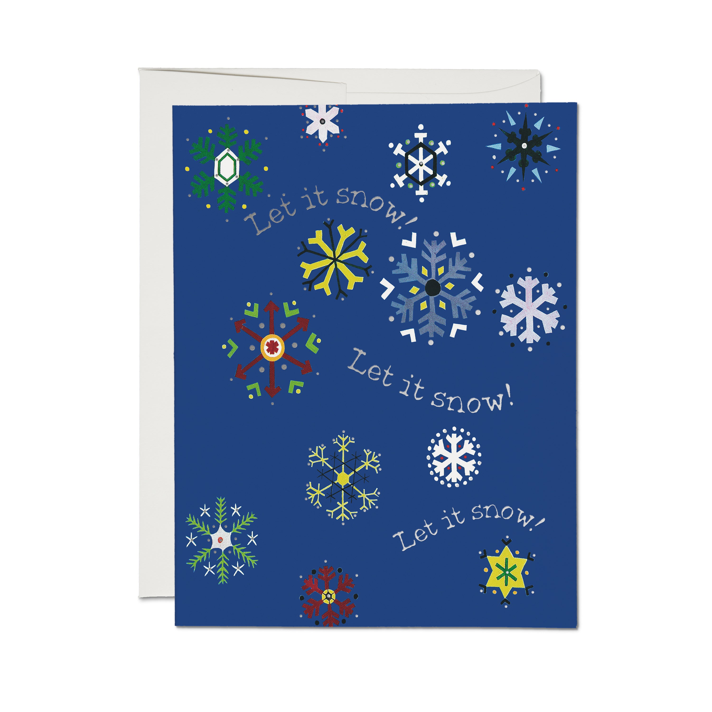 Holiday card with colorful snowflakes and ‘Let it Snow! Let it Snow! Let it Snow!’ silver foil text on a blue background.