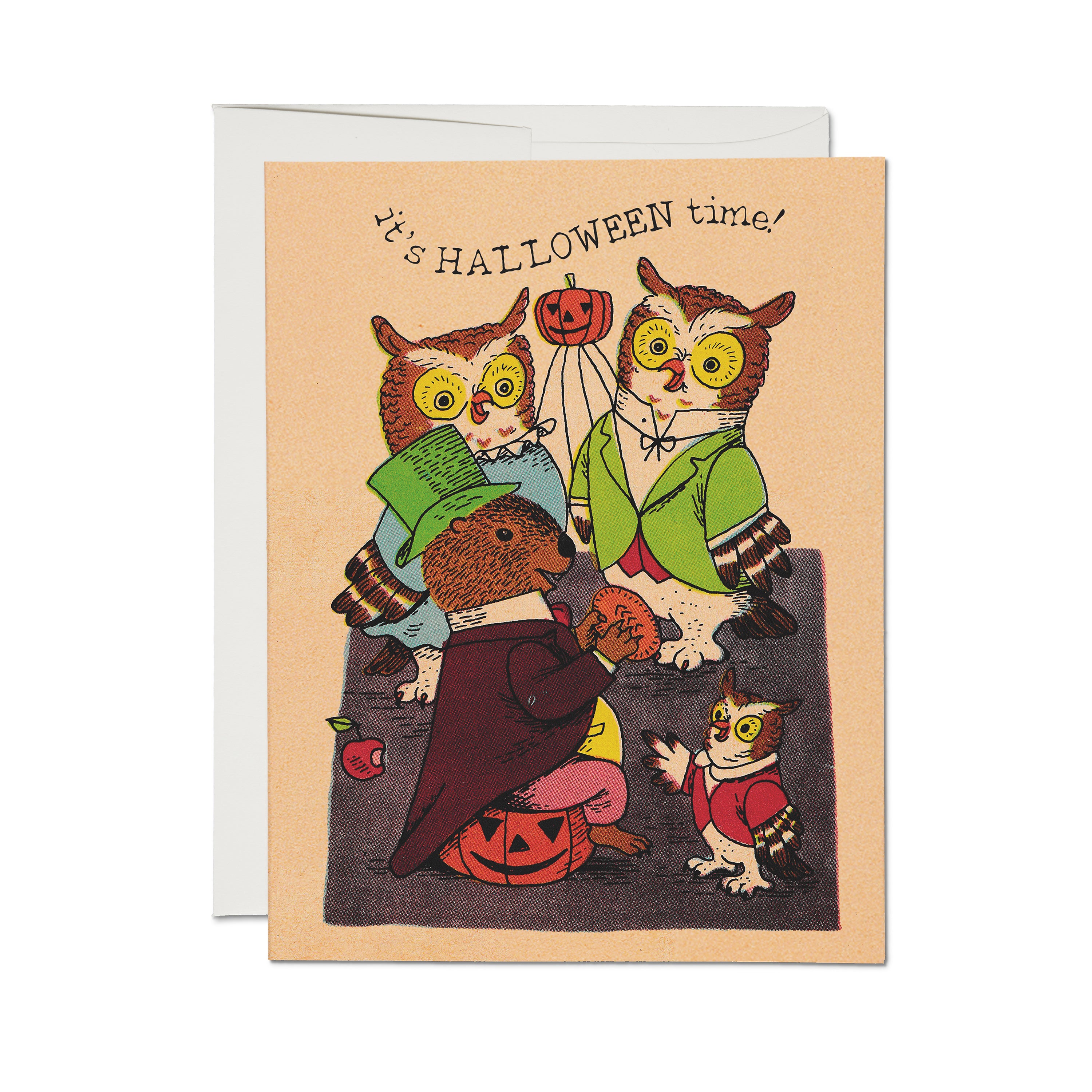 Vintage-style Halloween card with an owl family and an otter gathered around pumpkins, “It’s Halloween time!” text.