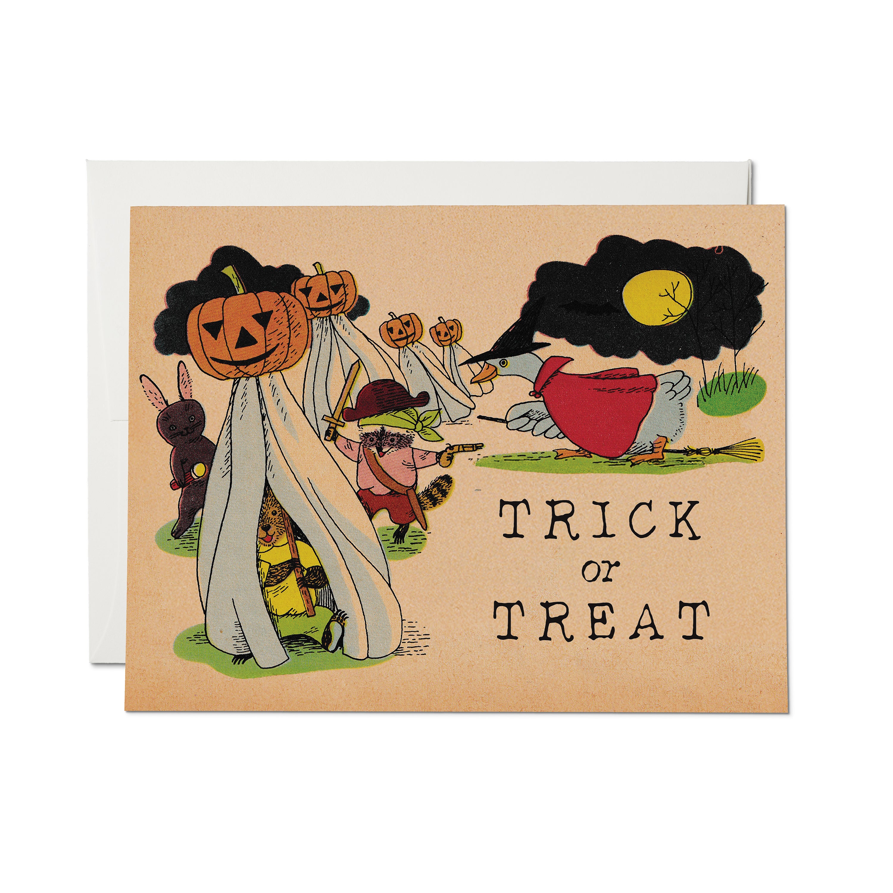 Halloween-themed greeting card with animals dressed as pumpkins, ghosts, and witch on a broomstick with "trick or treat" text.