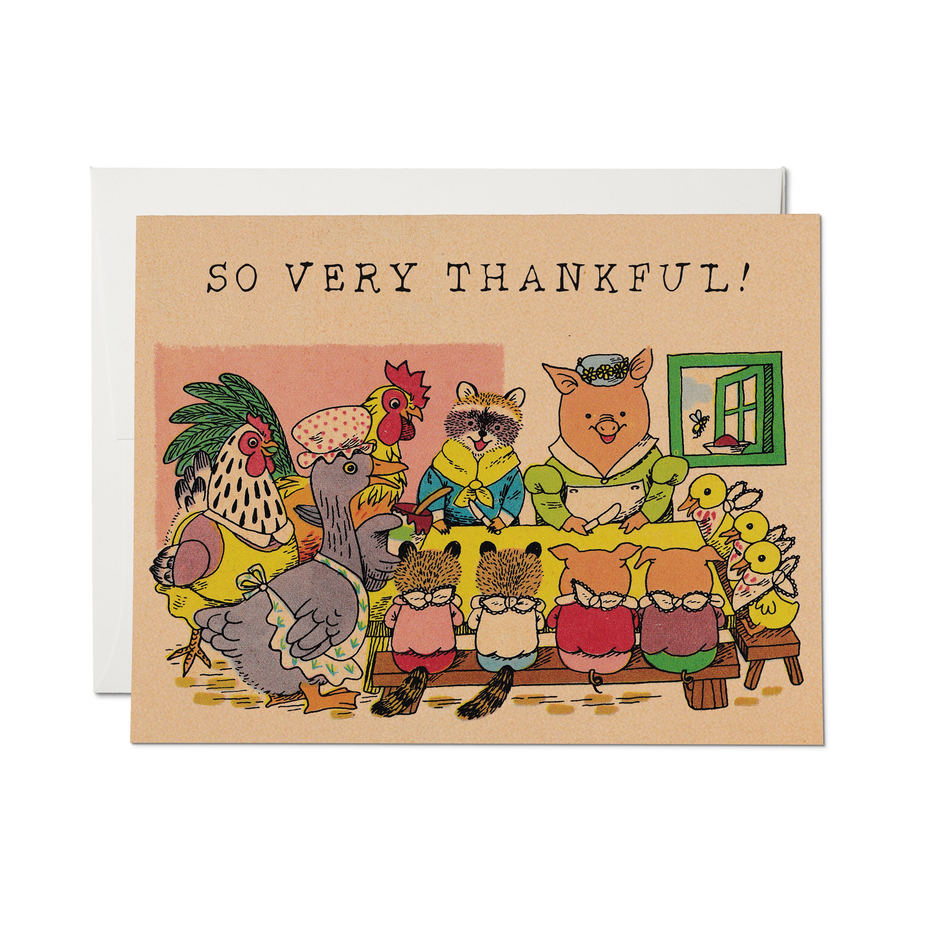 Thanksgiving themed greeting card with a family of different farm animals at a dinner table and 'So Very Thankful!' text.