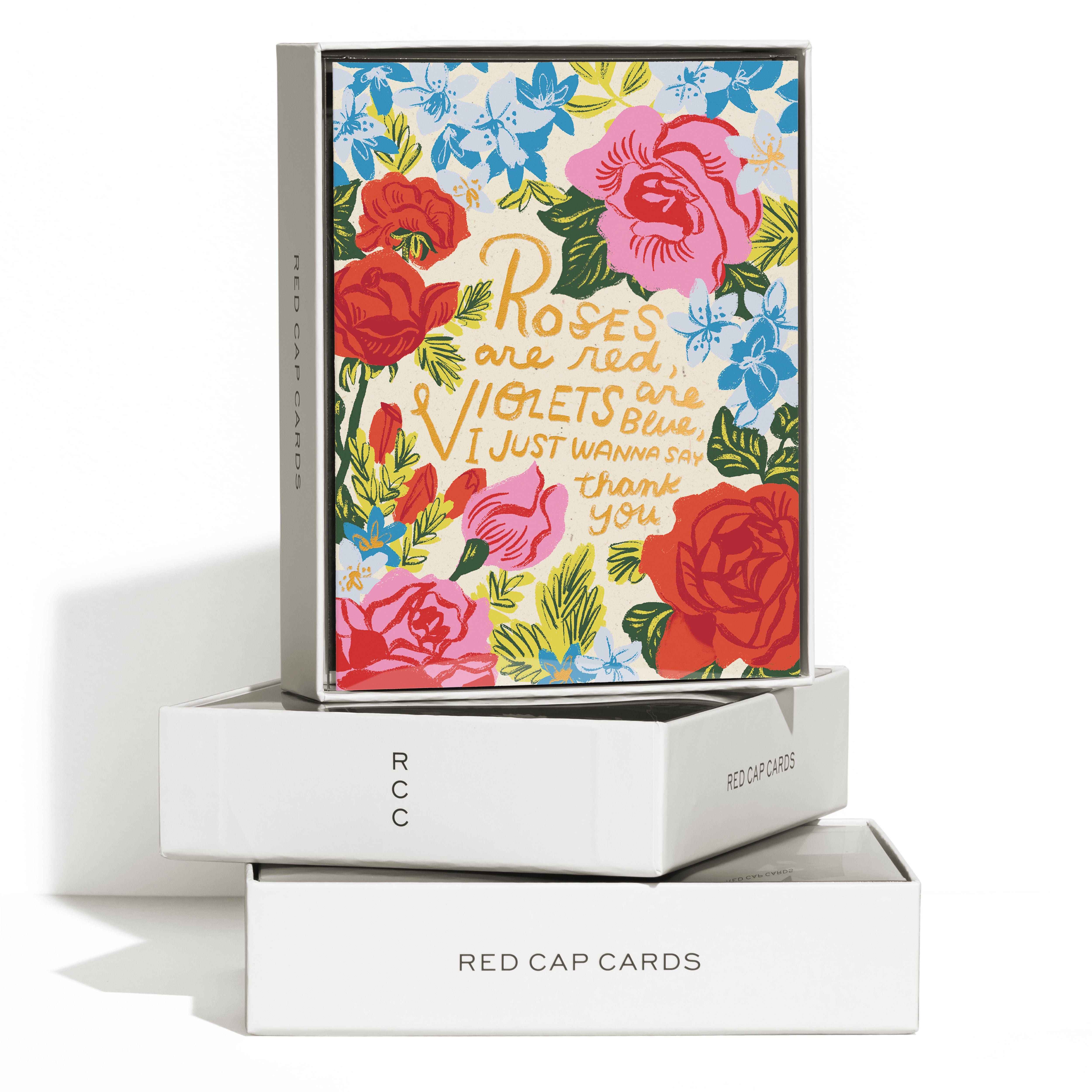 Foil Stamped Thank you card with bright floral illustration and ‘Roses are red, violets are blue’ message boxed set of 8