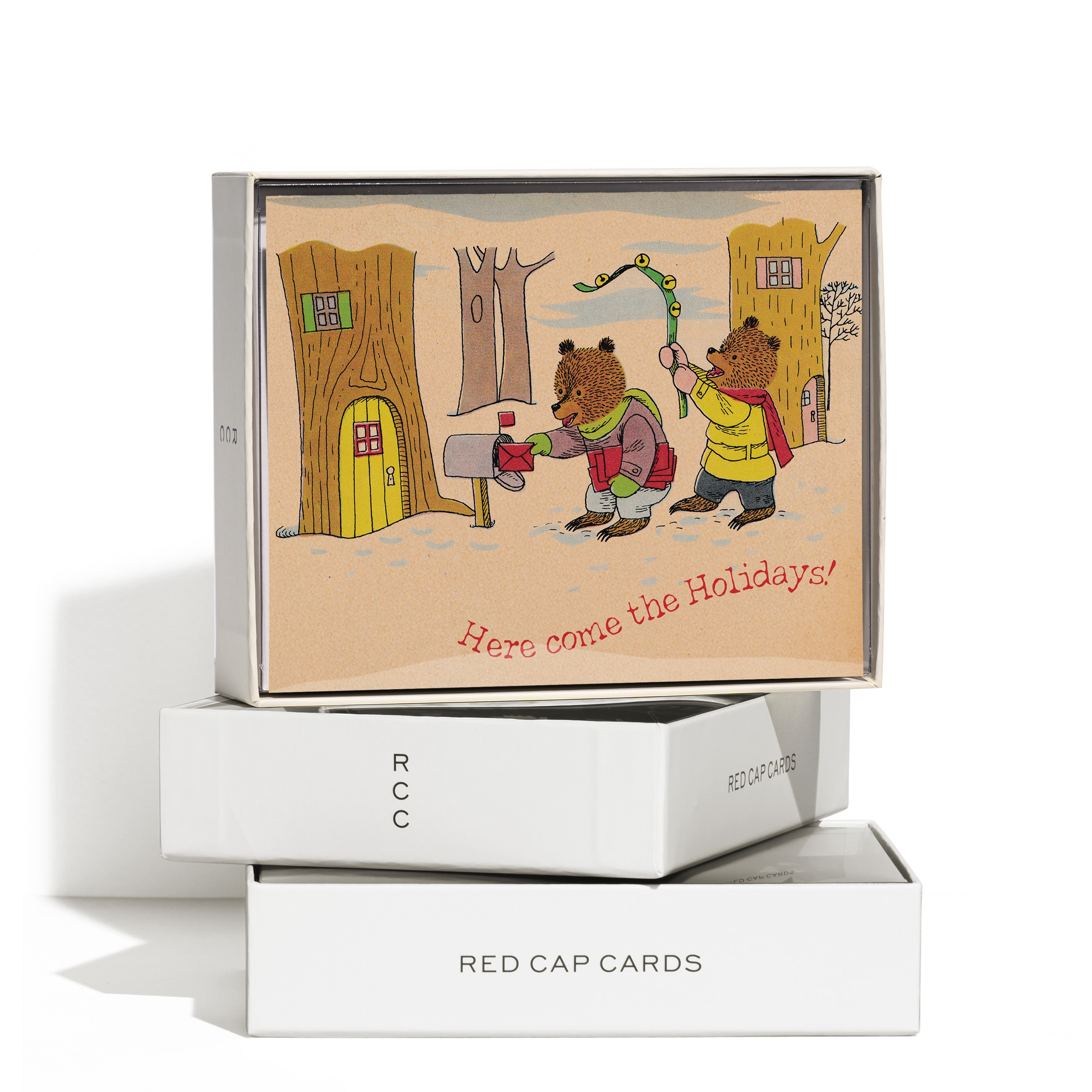 Holiday card: two bears in a woodland village with 'Here come the Holidays!' text. Boxed Set of 8.
