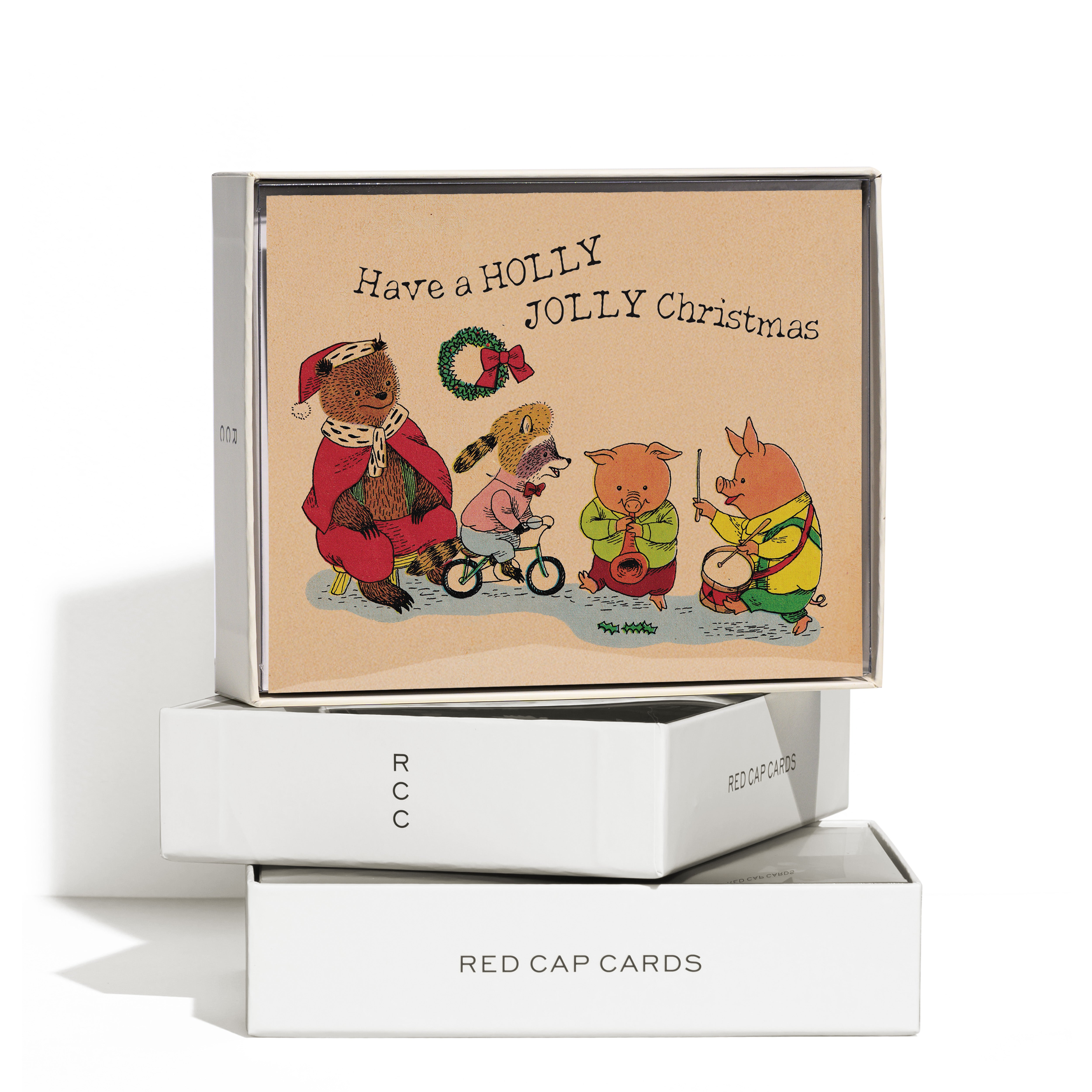 Christmas card with cartoon animals playing music and having fun with text 'Have a HOLLY JOLLY Christmas'  Boxed Set of 8
